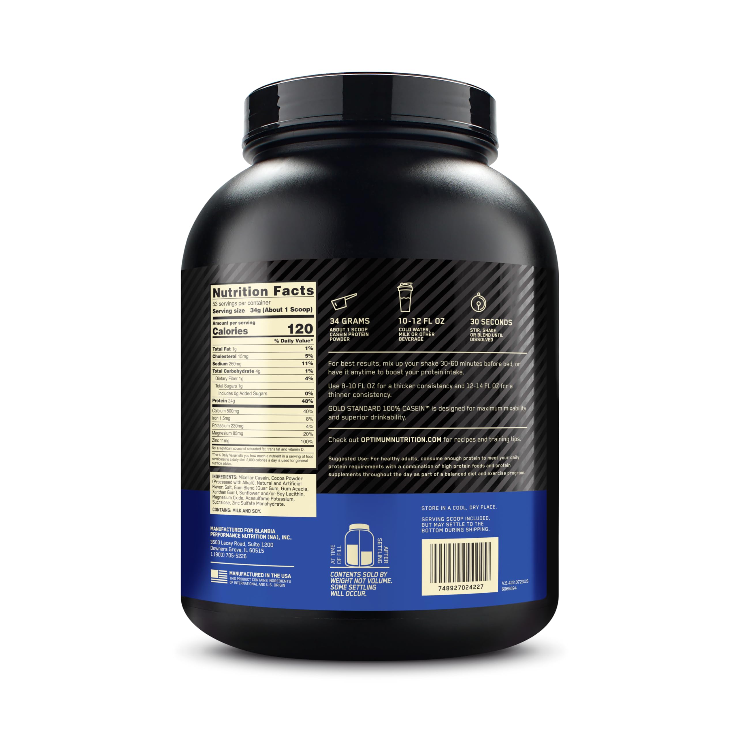 Optimum Nutrition Gold Standard Casein glass with milk demonstrates a creamy shake