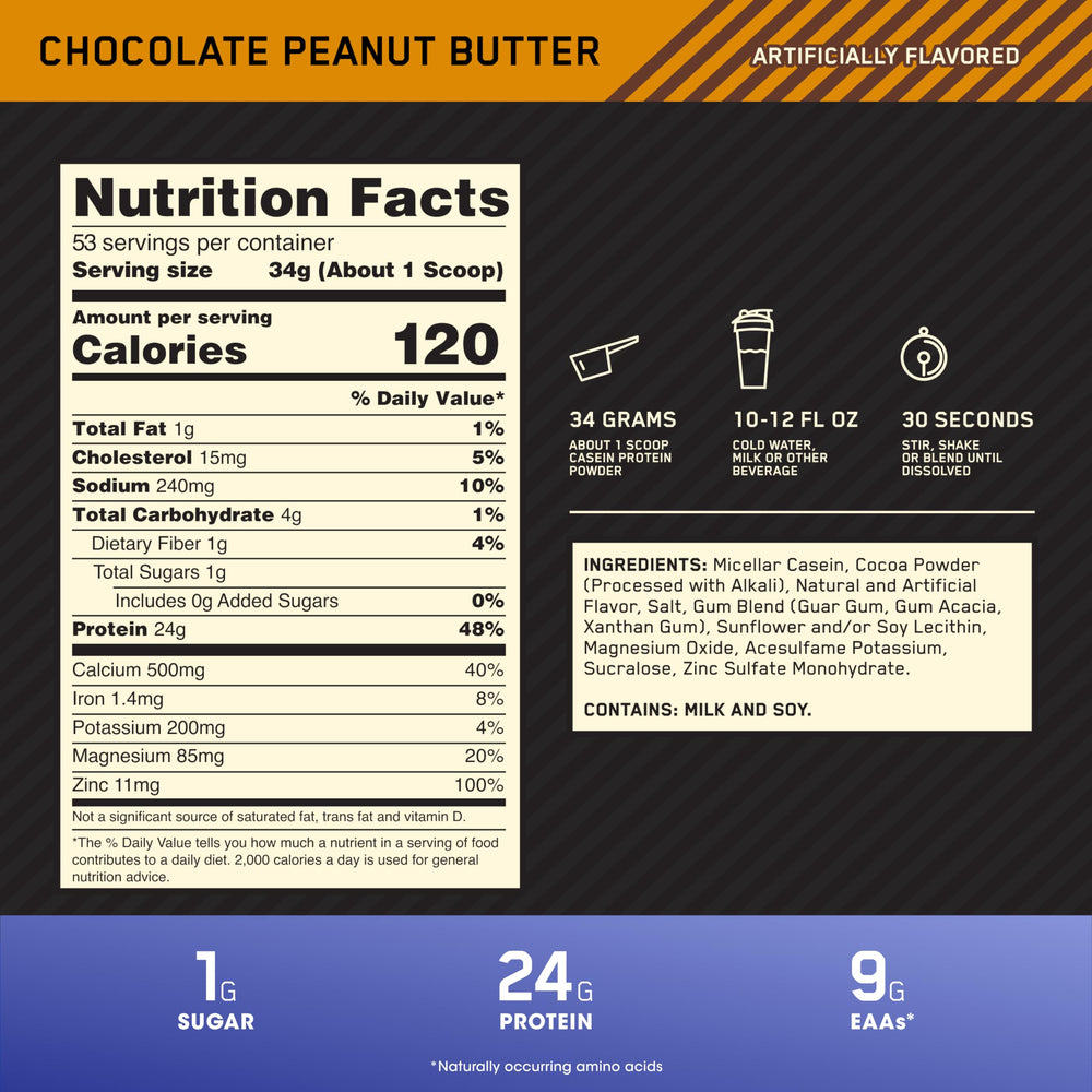 Creamy Gold Standard Casein mixed shake in glass with chocolate peanut butter flavor