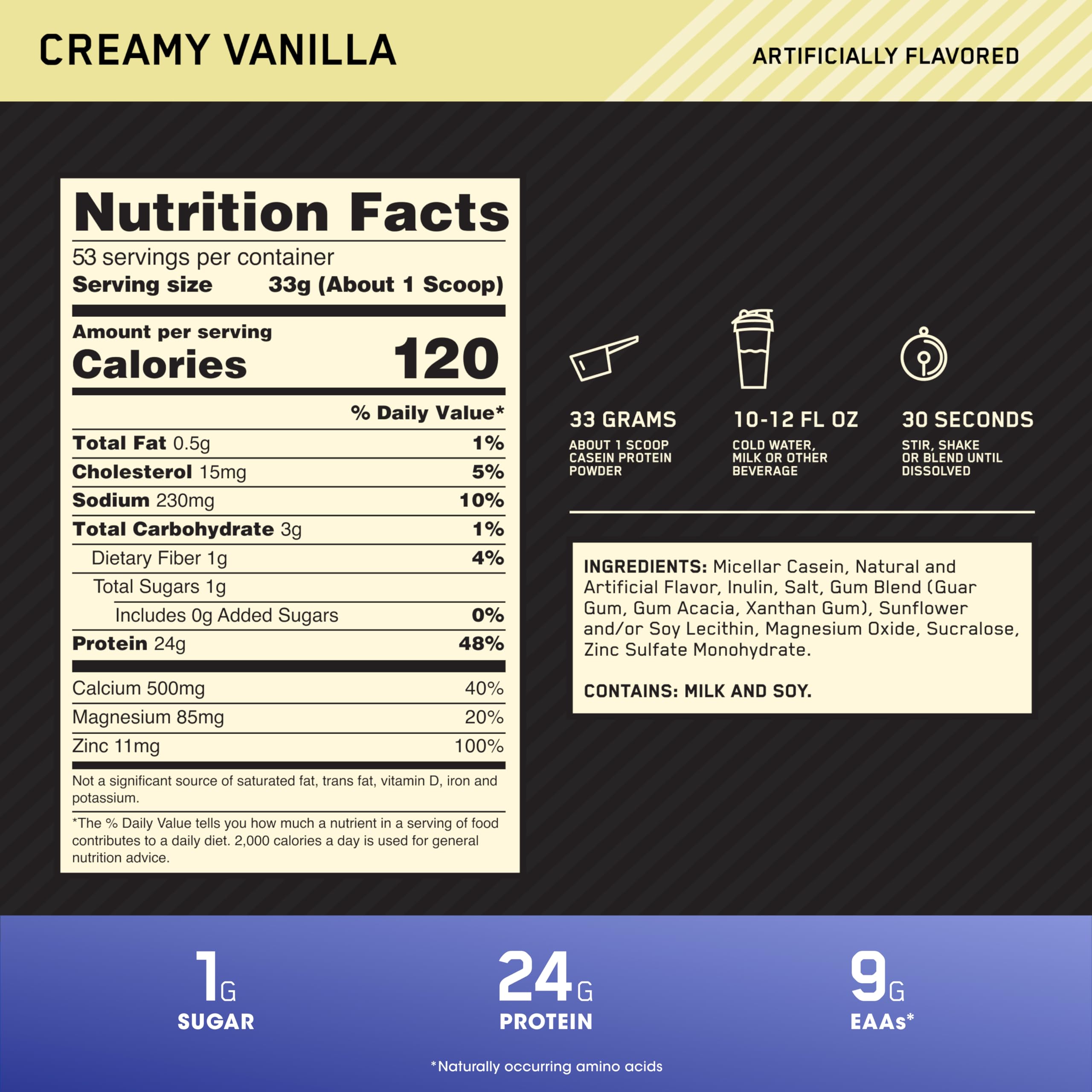 Optimum Nutrition Gold Standard Casein para recuperación muscular nocturna.