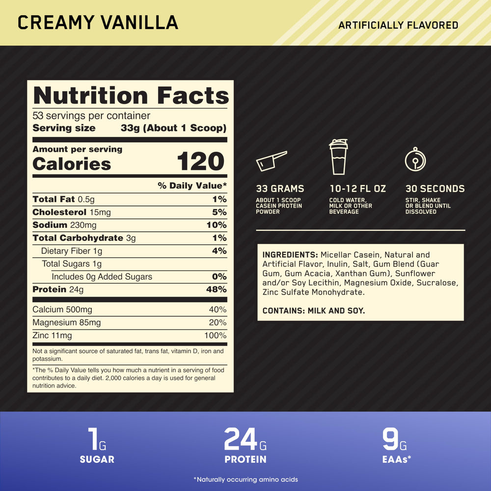 Optimum Nutrition Gold Standard Casein para recuperación muscular nocturna.