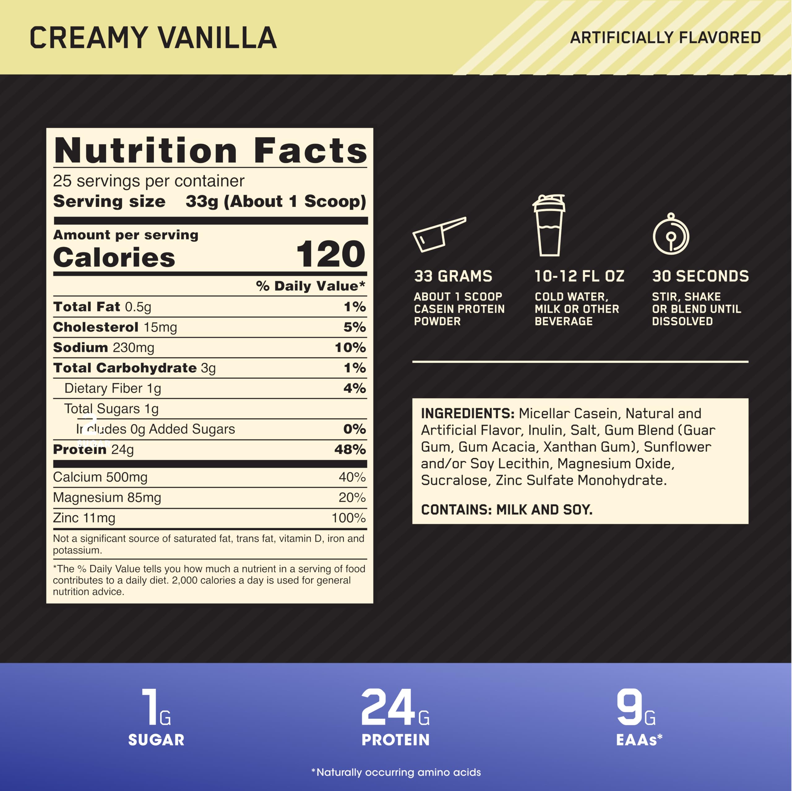 Optimum Nutrition Gold Standard Casein spoon pouring powder into a glass