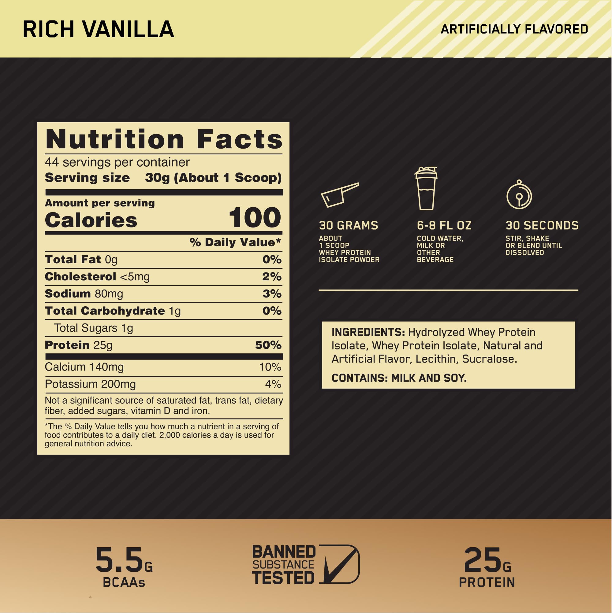 Optimum Nutrition Gold Standard Isolate bottle label with nutrition details.