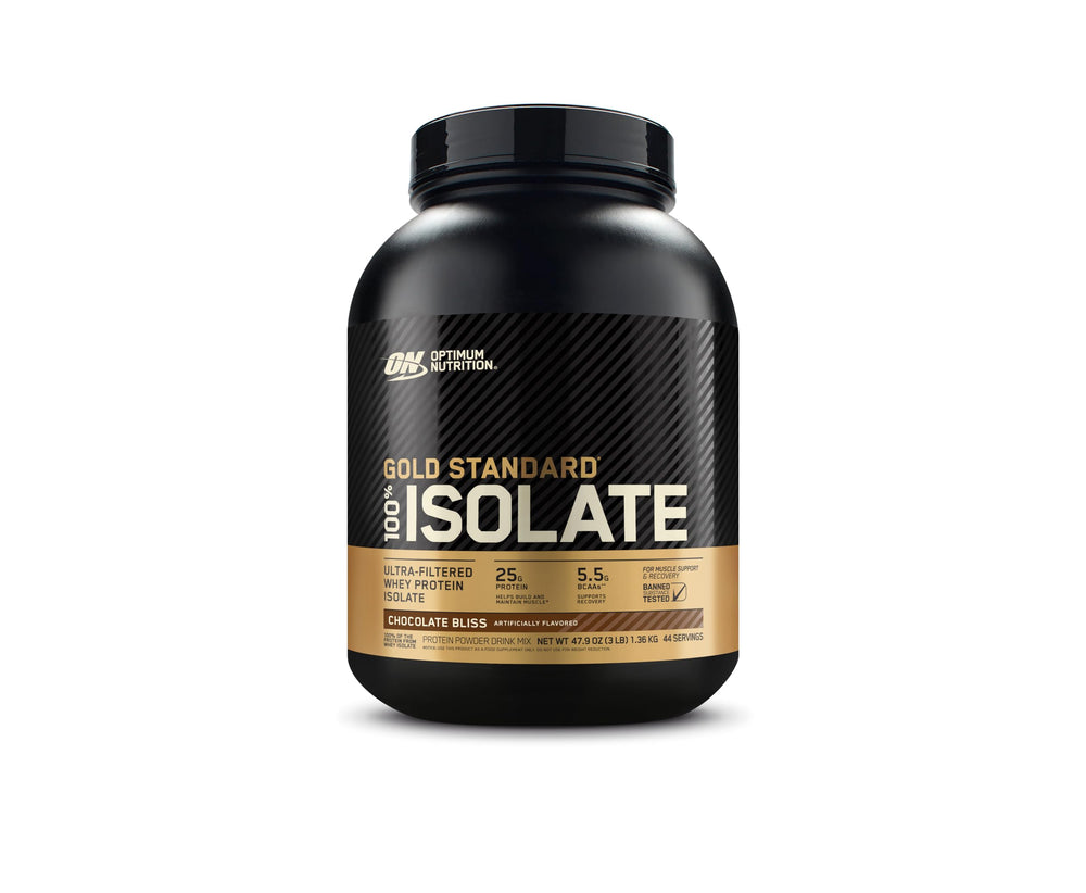 Optimum Nutrition Gold Standard Isolate Chocolate Bliss tub showcasing premium whey protein for post-workout support.