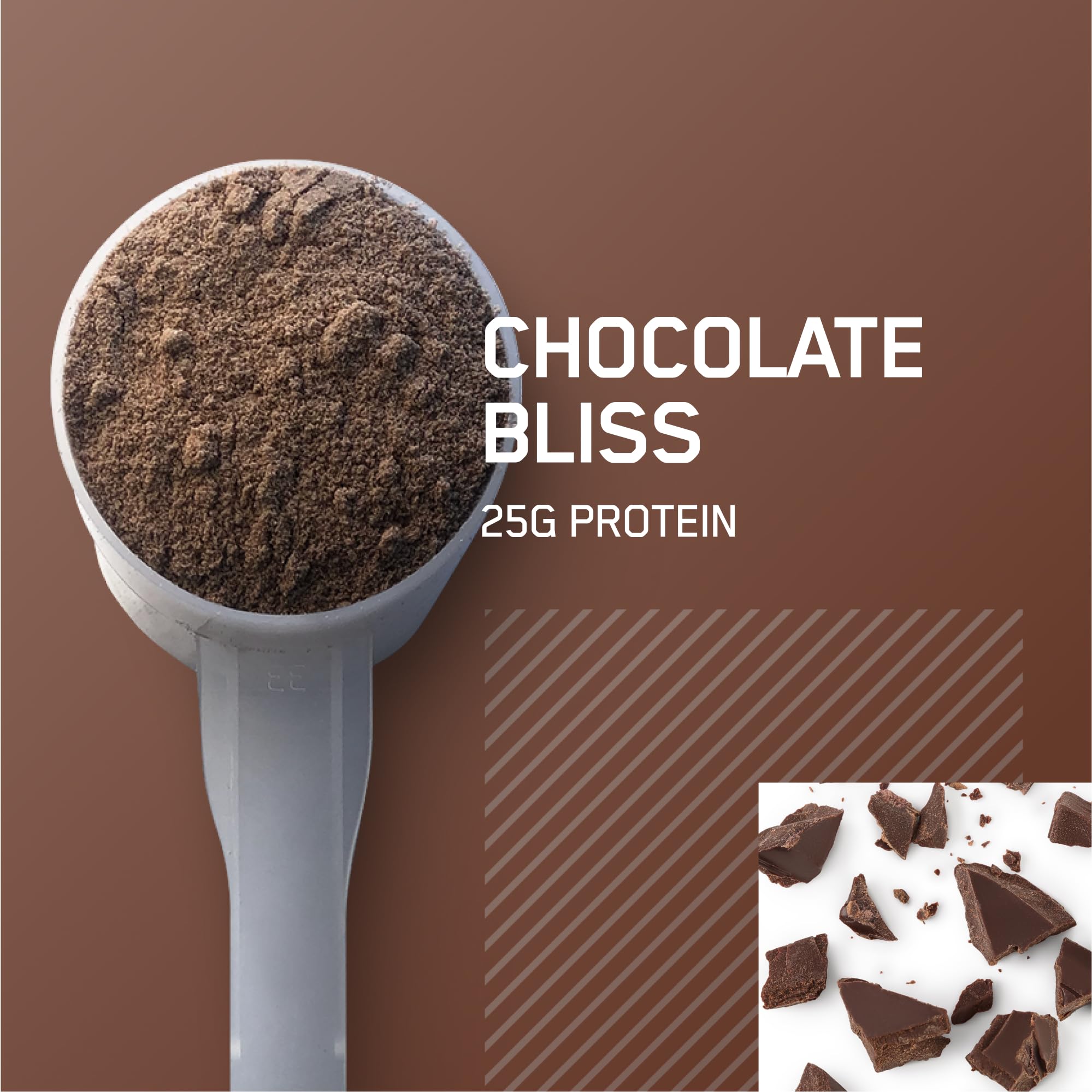 Optimum Nutrition Gold Standard Isolate Chocolate Bliss label close-up highlighting 25 g protein per serving.