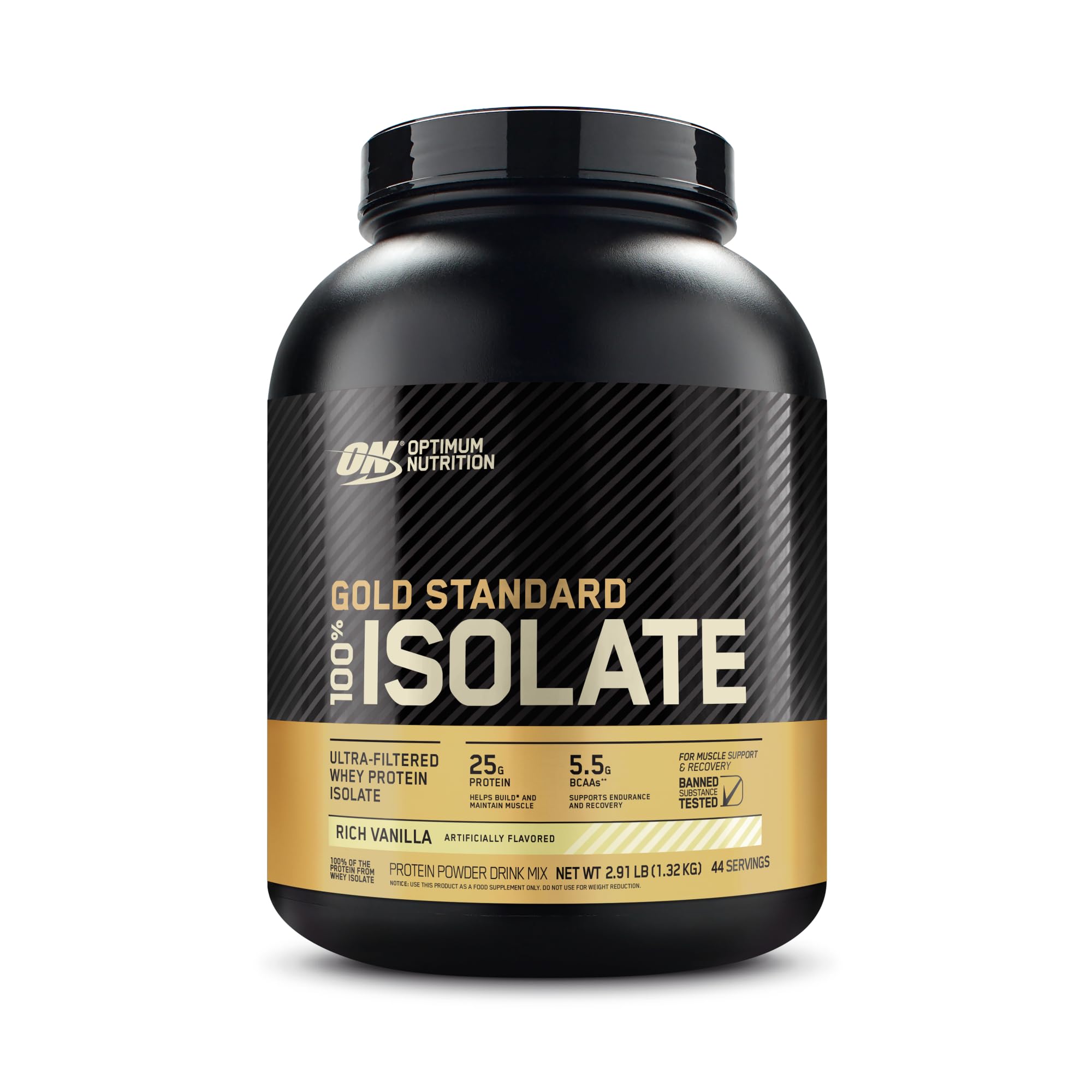Optimum Nutrition Gold Standard Isolate vanilla powder for fast post-workout protein.