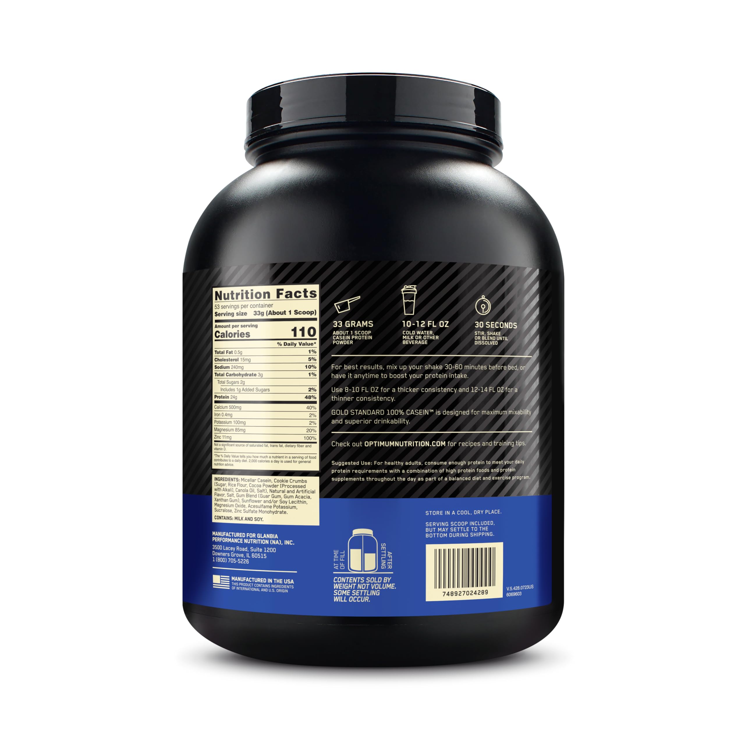Serving of Optimum Nutrition micellar casein cookies and cream blended into a shake