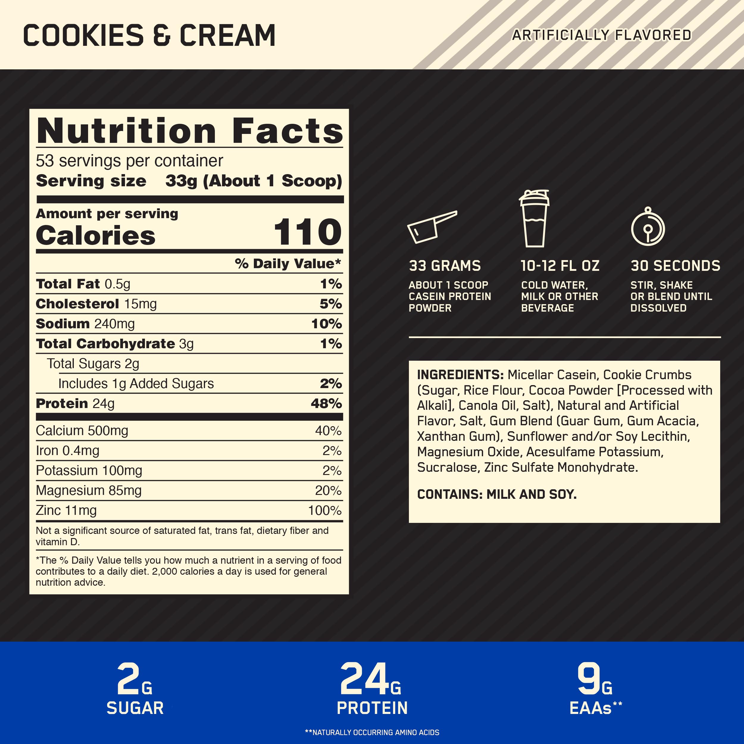 Optimum Nutrition micellar casein cookies and cream shaken in a bottle for easy mixing
