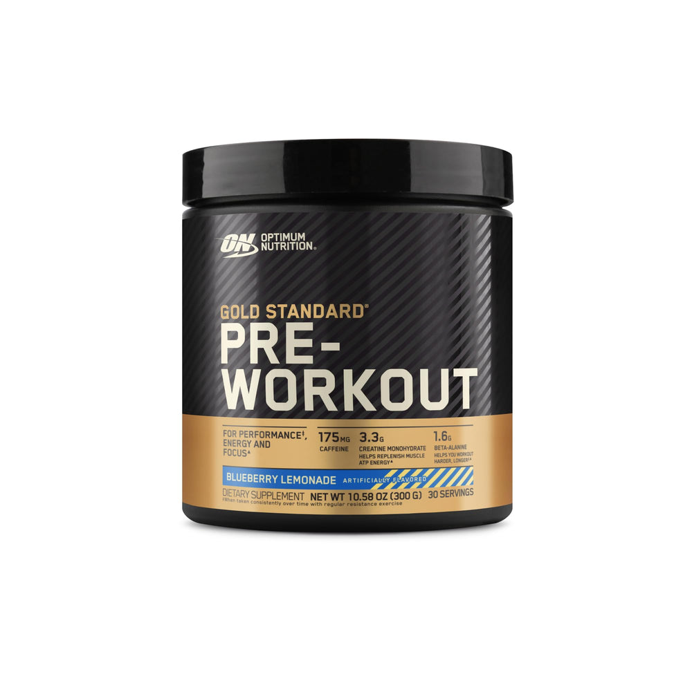 Optimum Nutrition Gold Standard Pre-Workout blue berry lemonade bottle boosts workout energy