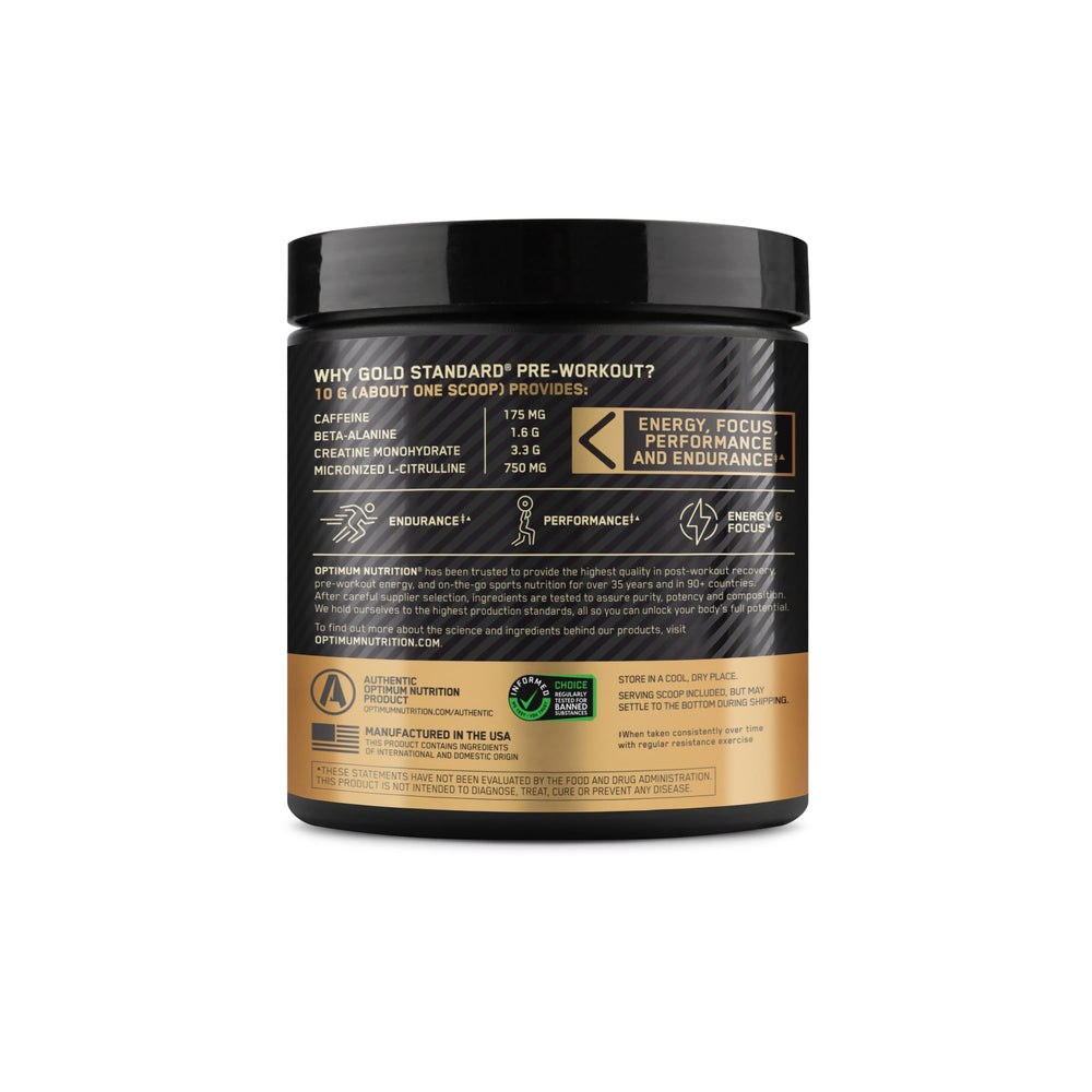 Optimum Nutrition Gold Standard Pre-Workout packaging ready for the gym bag