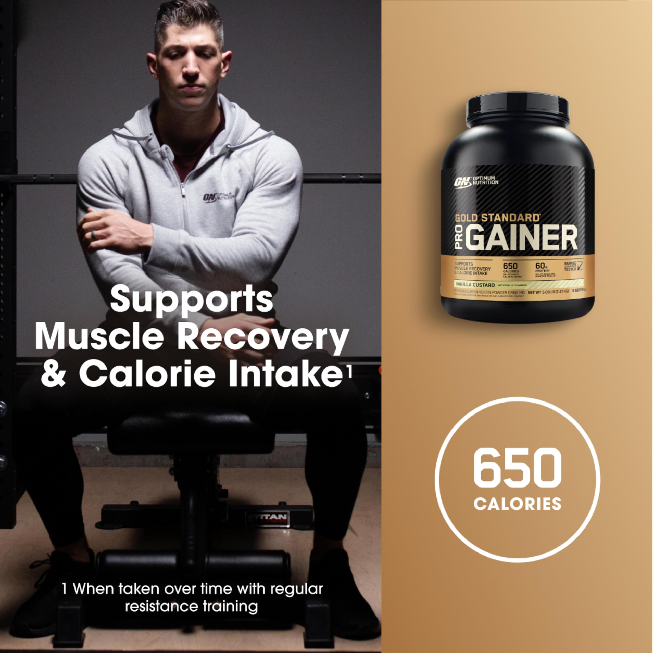 Optimum Nutrition Gold Standard Pro Gainer nutrition facts panel close-up highlights 650 calories per serving
