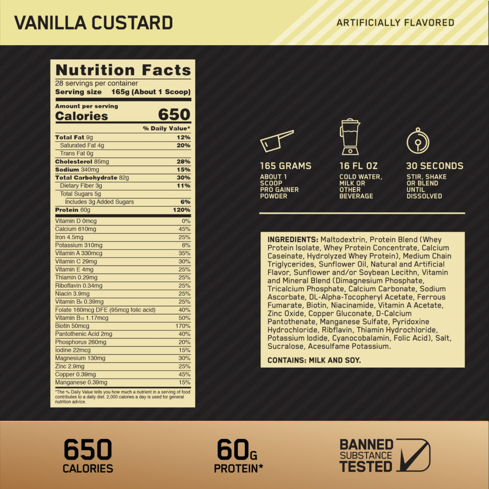 Optimum Nutrition Gold Standard Pro Gainer vanilla custard powder beside a shaker for balanced meals
