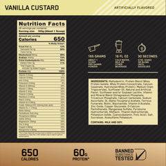Optimum Nutrition Gold Standard Pro Gainer vanilla custard powder beside a shaker for balanced meals