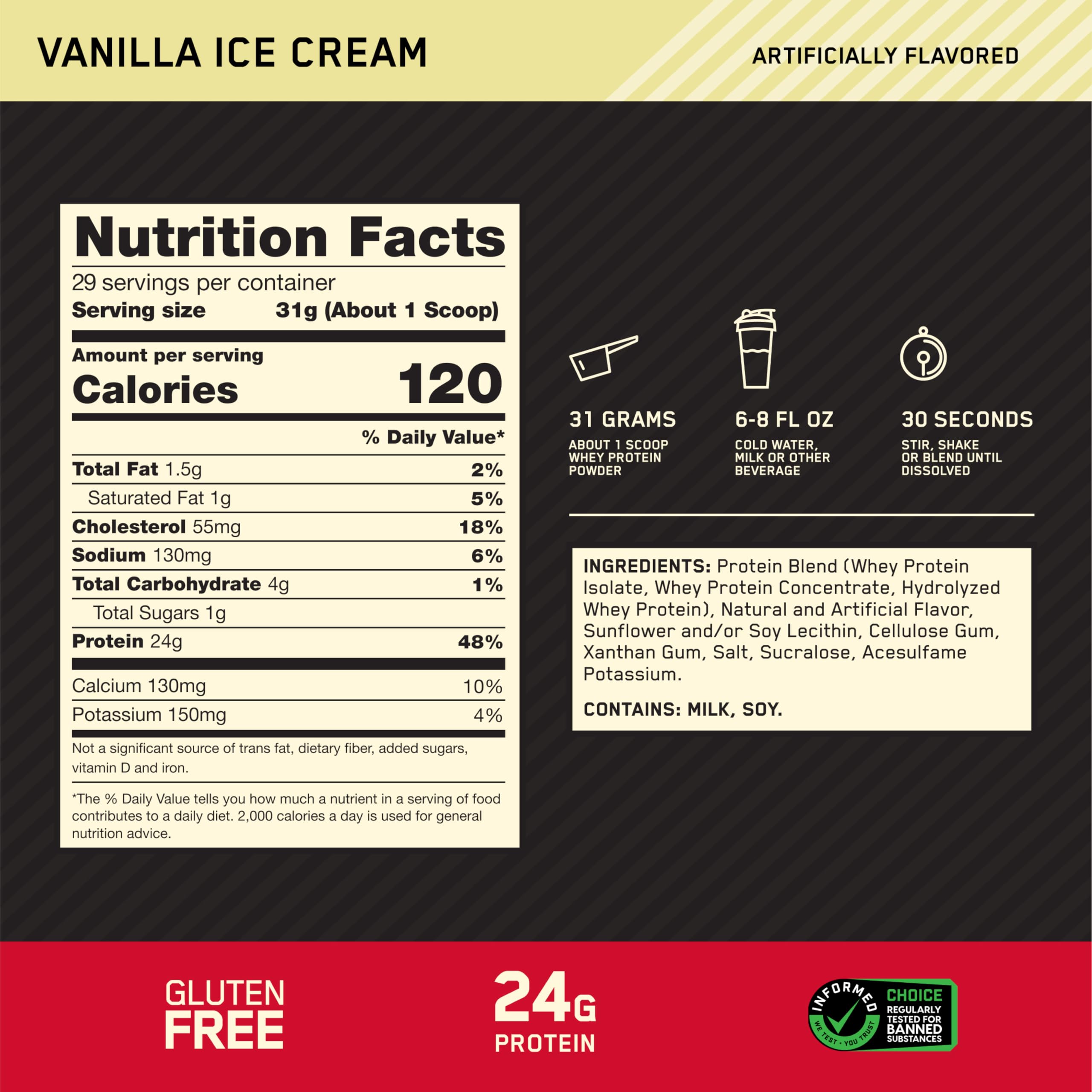 Optimum Nutrition Gold Standard Vanilla whey scoop pictured for precise serving.