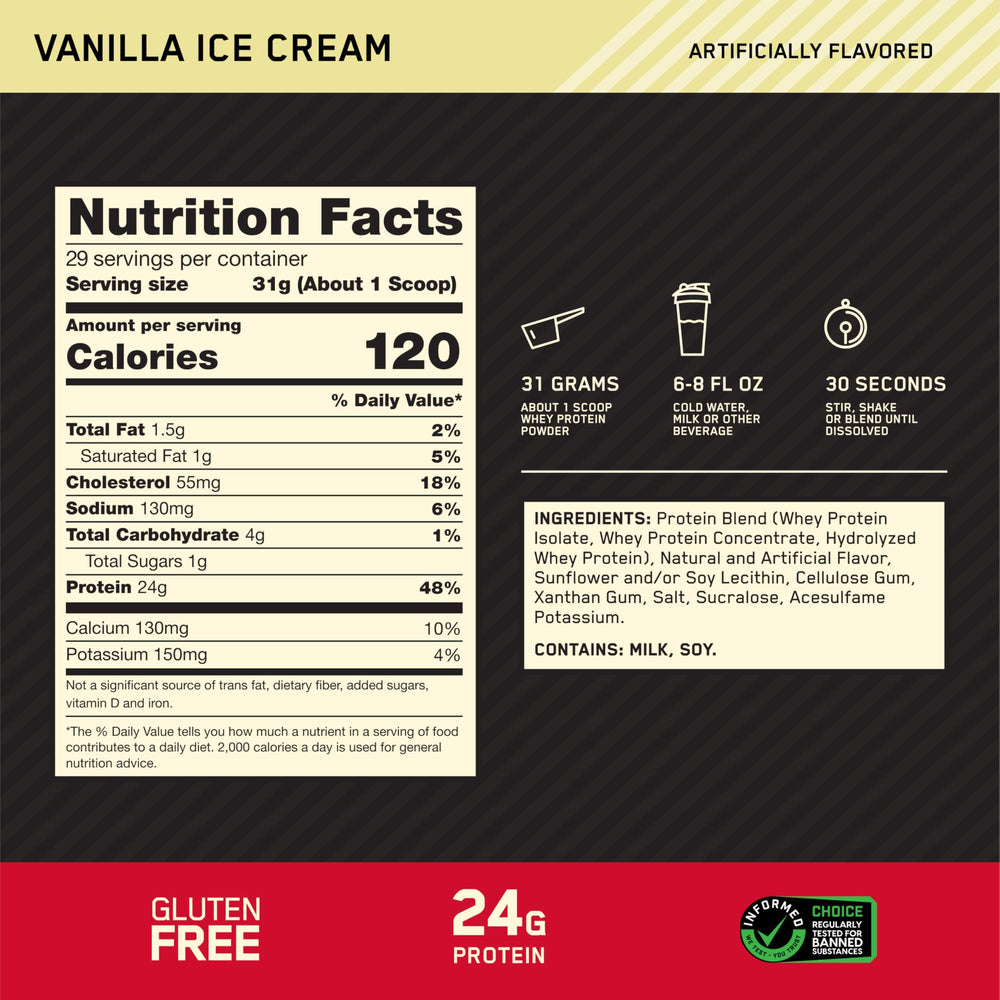 Optimum Nutrition Gold Standard Vanilla whey scoop pictured for precise serving.