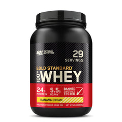 Optimum Nutrition Gold Standard Banana Cream bottle label showing nutrition facts.