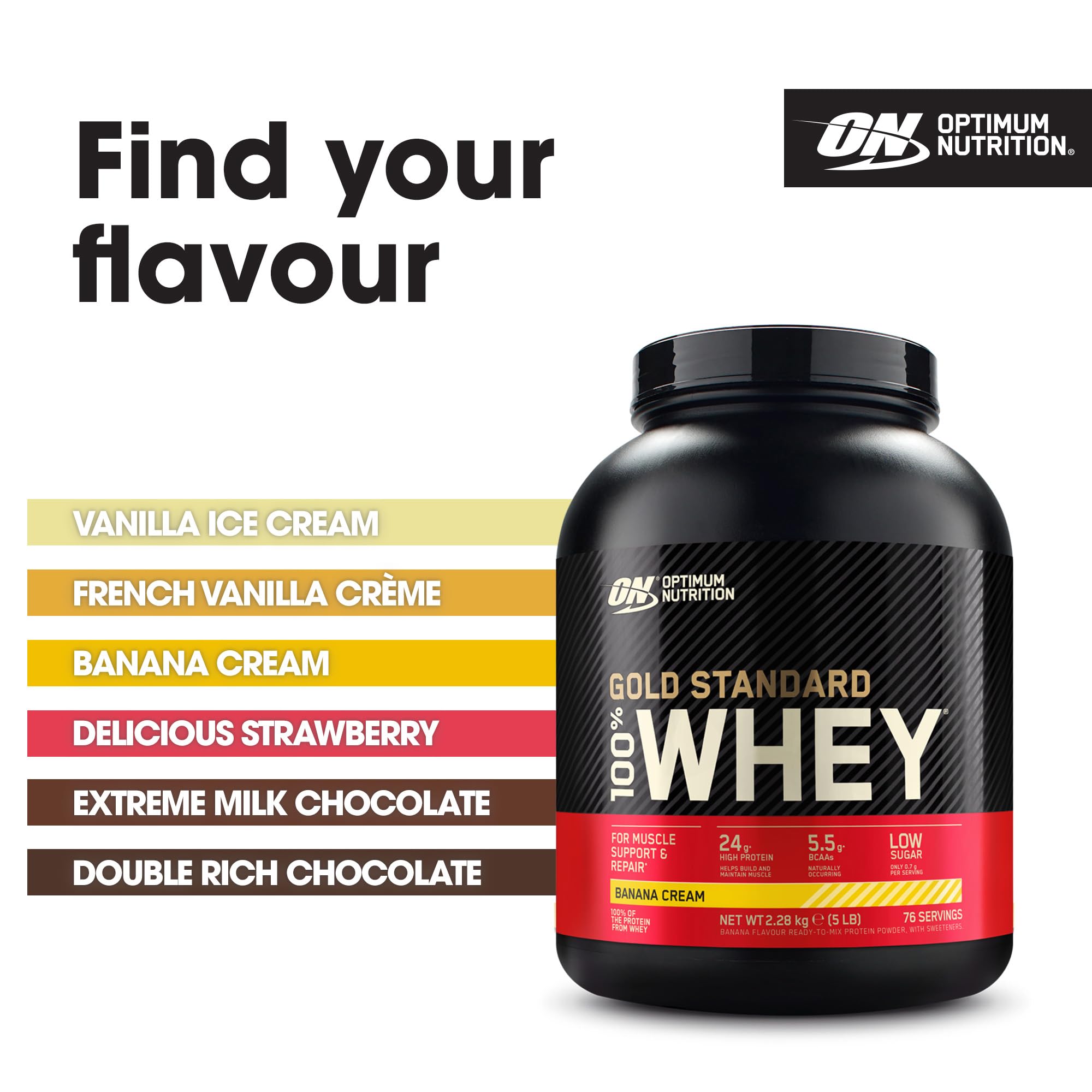 Optimum Nutrition Gold Standard Whey Banana Cream label displays nutrition for muscle support