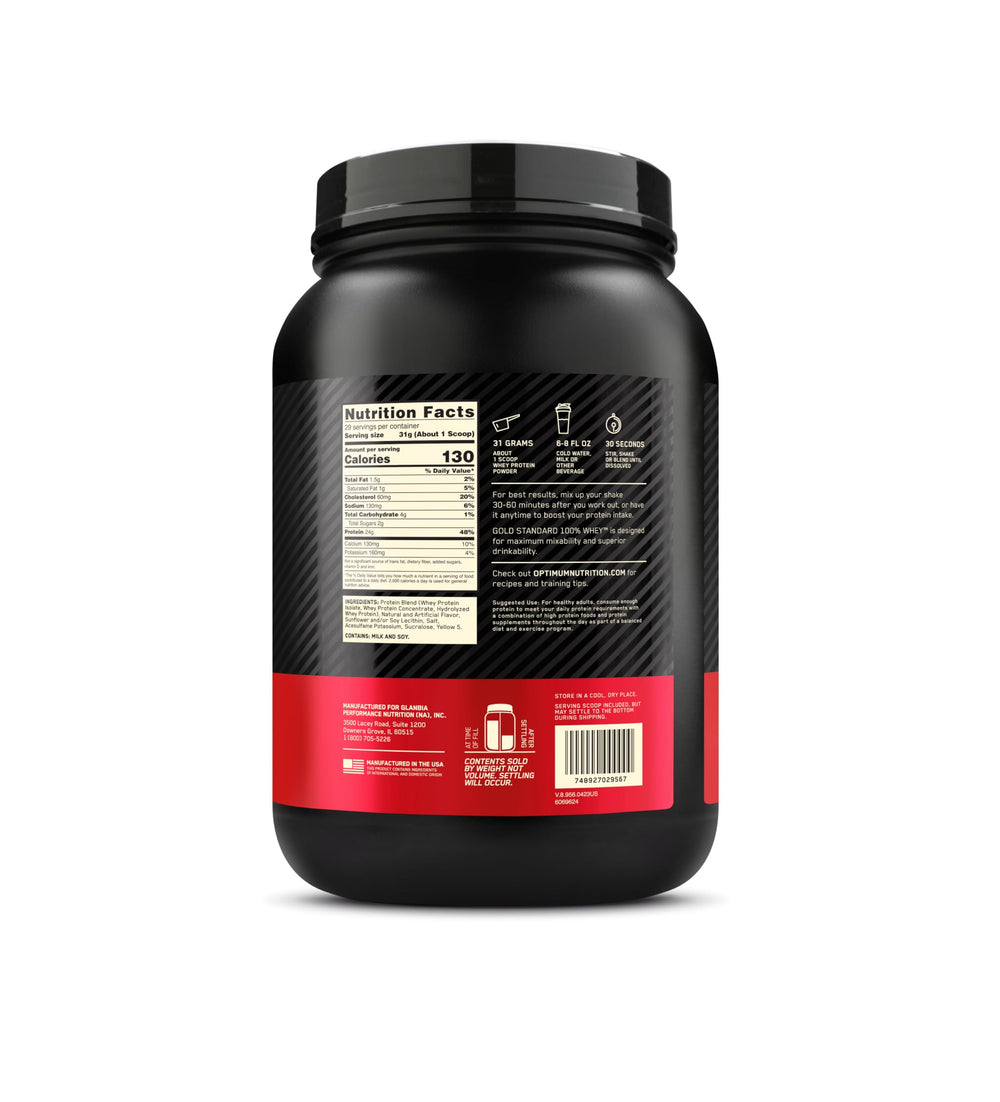 Optimum Nutrition Gold Standard Banana Cream product shot on a table.