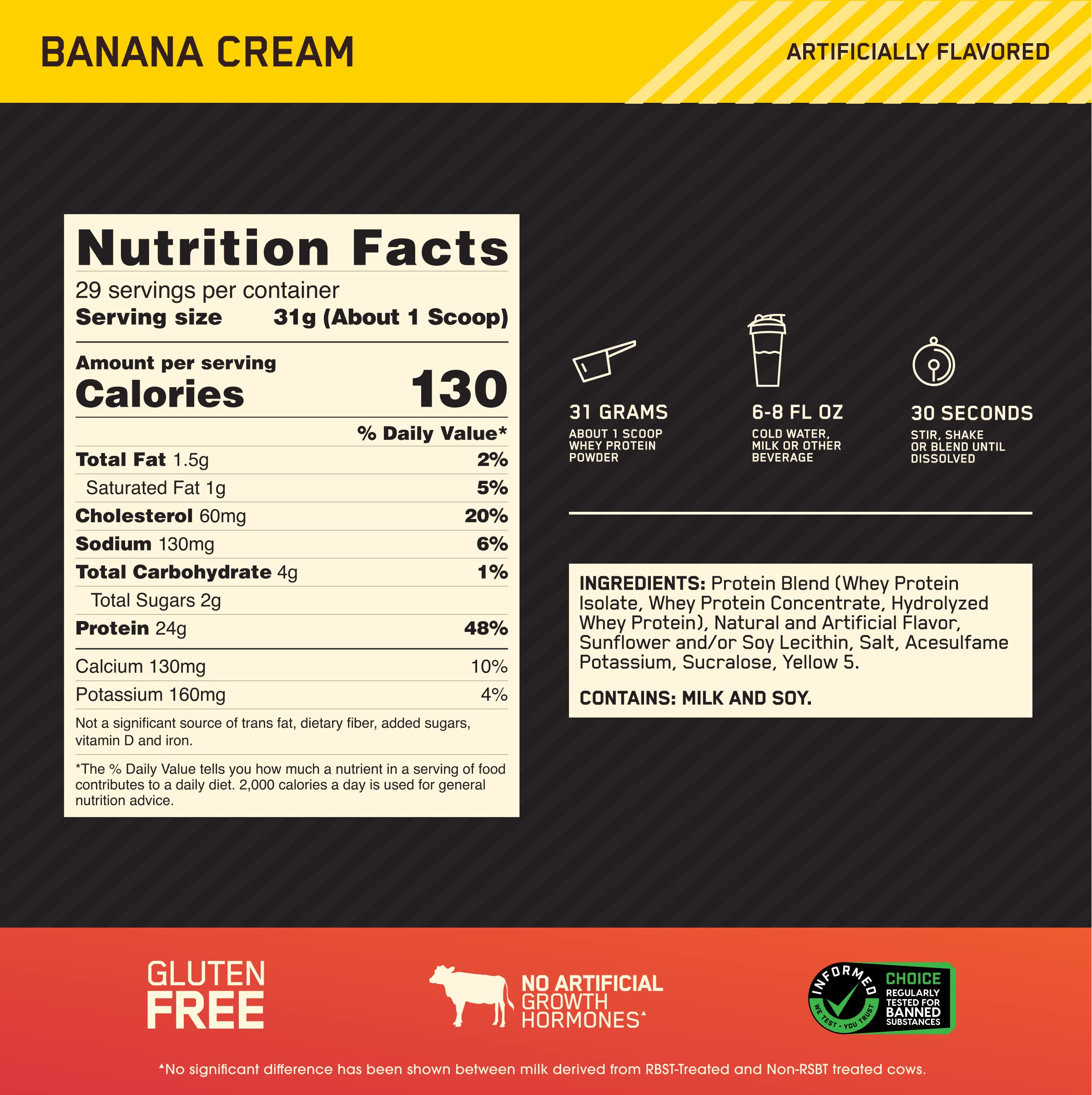 Optimum Nutrition Gold Standard Banana Cream protein scoop resting on counter.