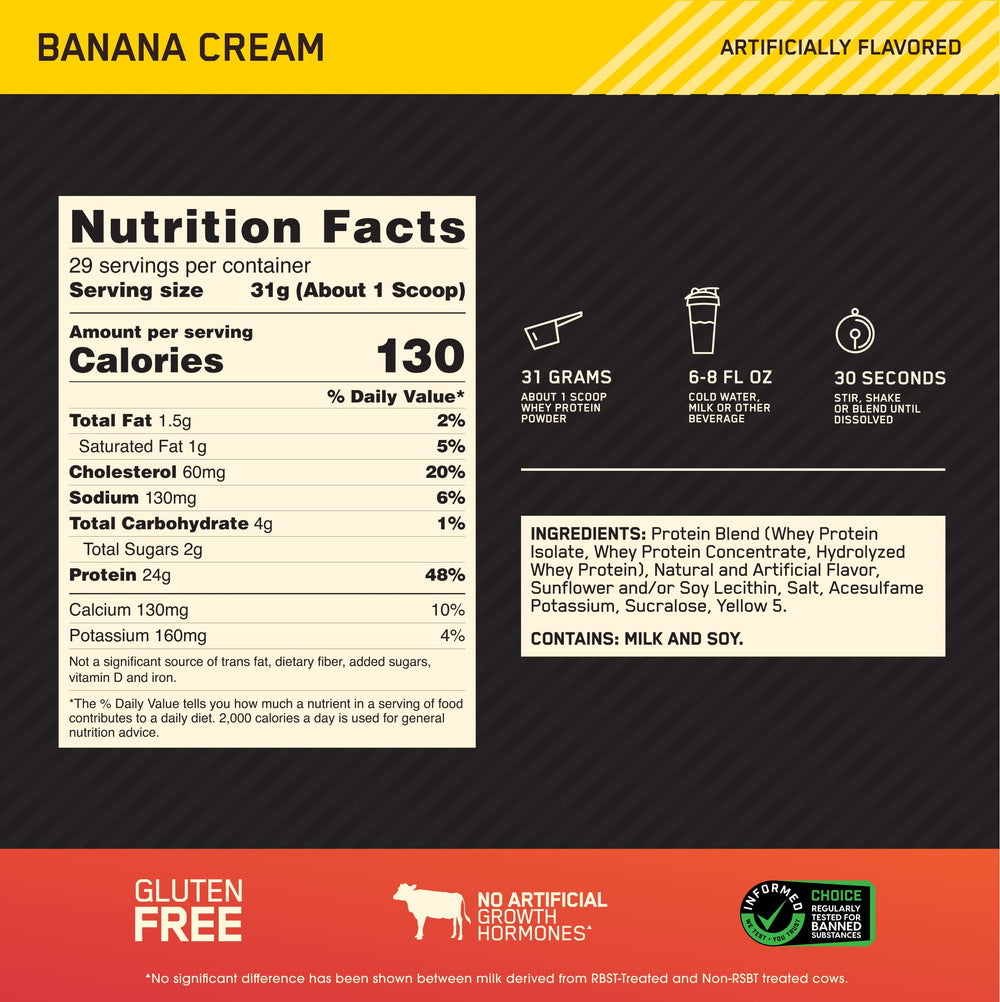 Optimum Nutrition Gold Standard Banana Cream protein scoop resting on counter.