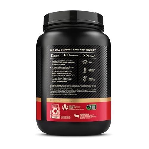 Optimum Nutrition Gold Standard whey packaging on shelf signaling trusted brand