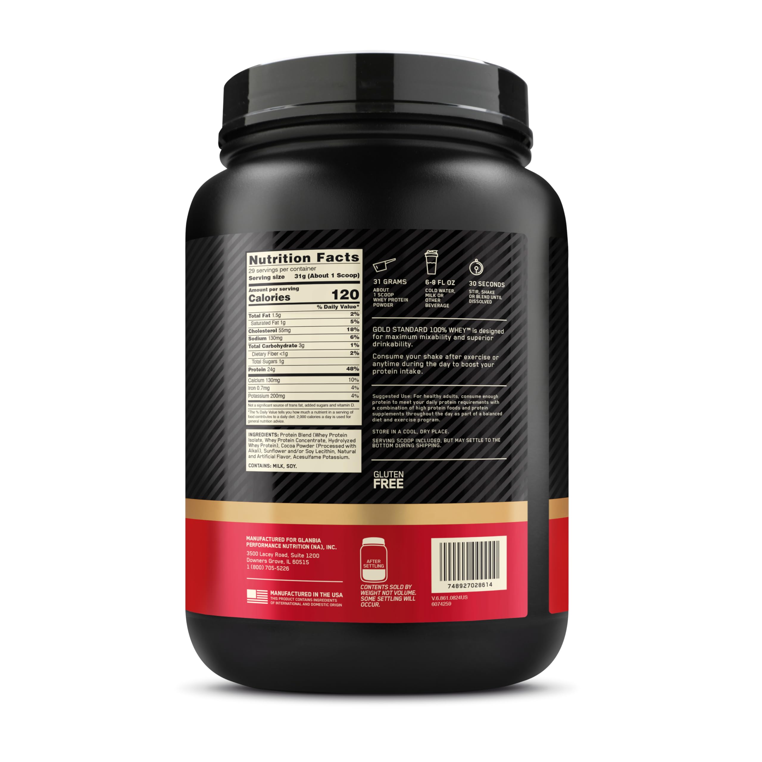 Optimum Nutrition Gold Standard whey serving size shown for convenience
