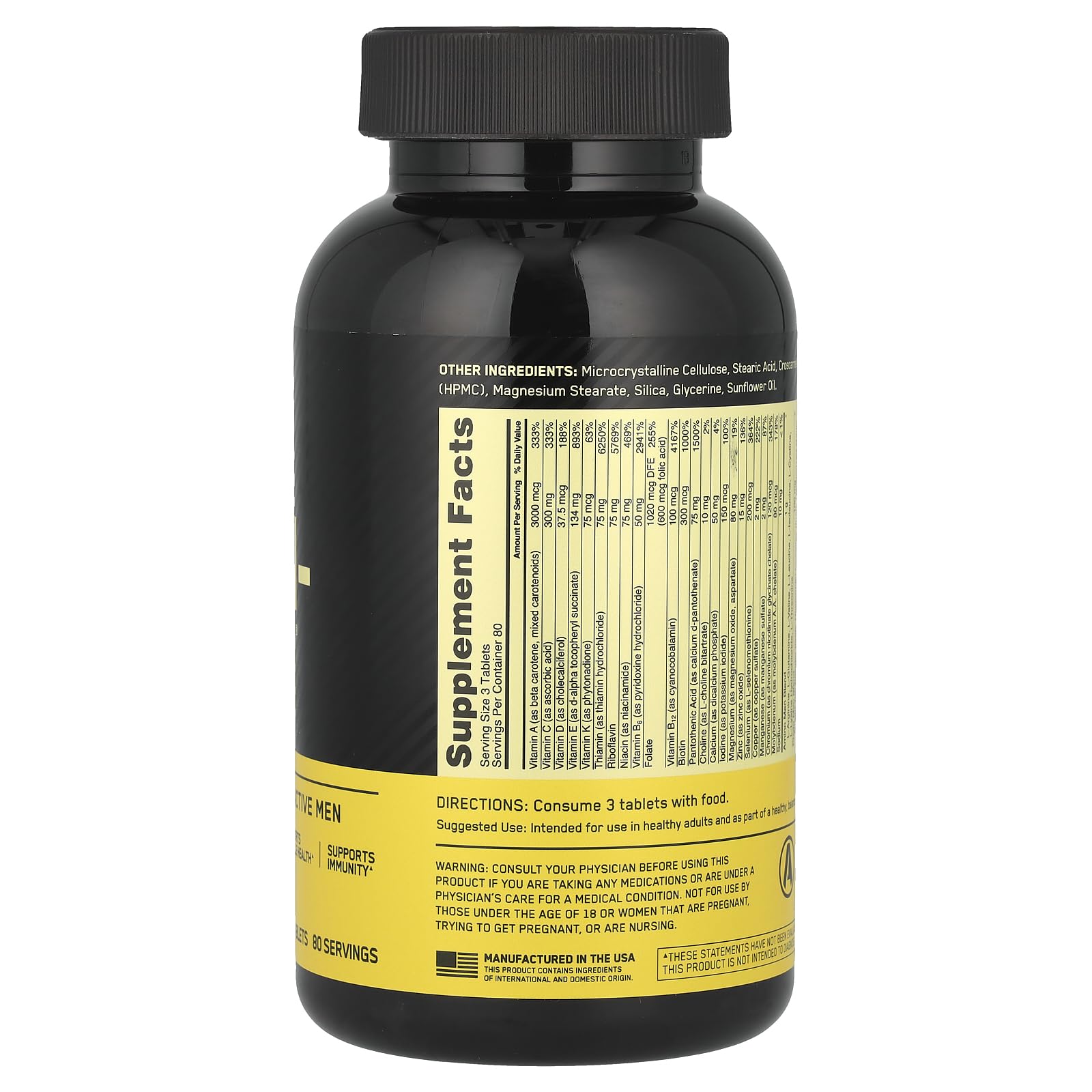 Optimum Nutrition Opti-Men bottle label close-up highlighting vitamins, minerals, and blends for daily support