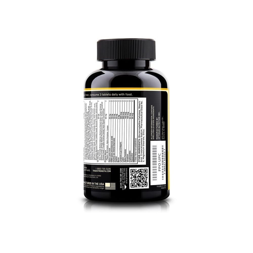 Opti-Men label close-up showing 75+ ingredients and four blends.