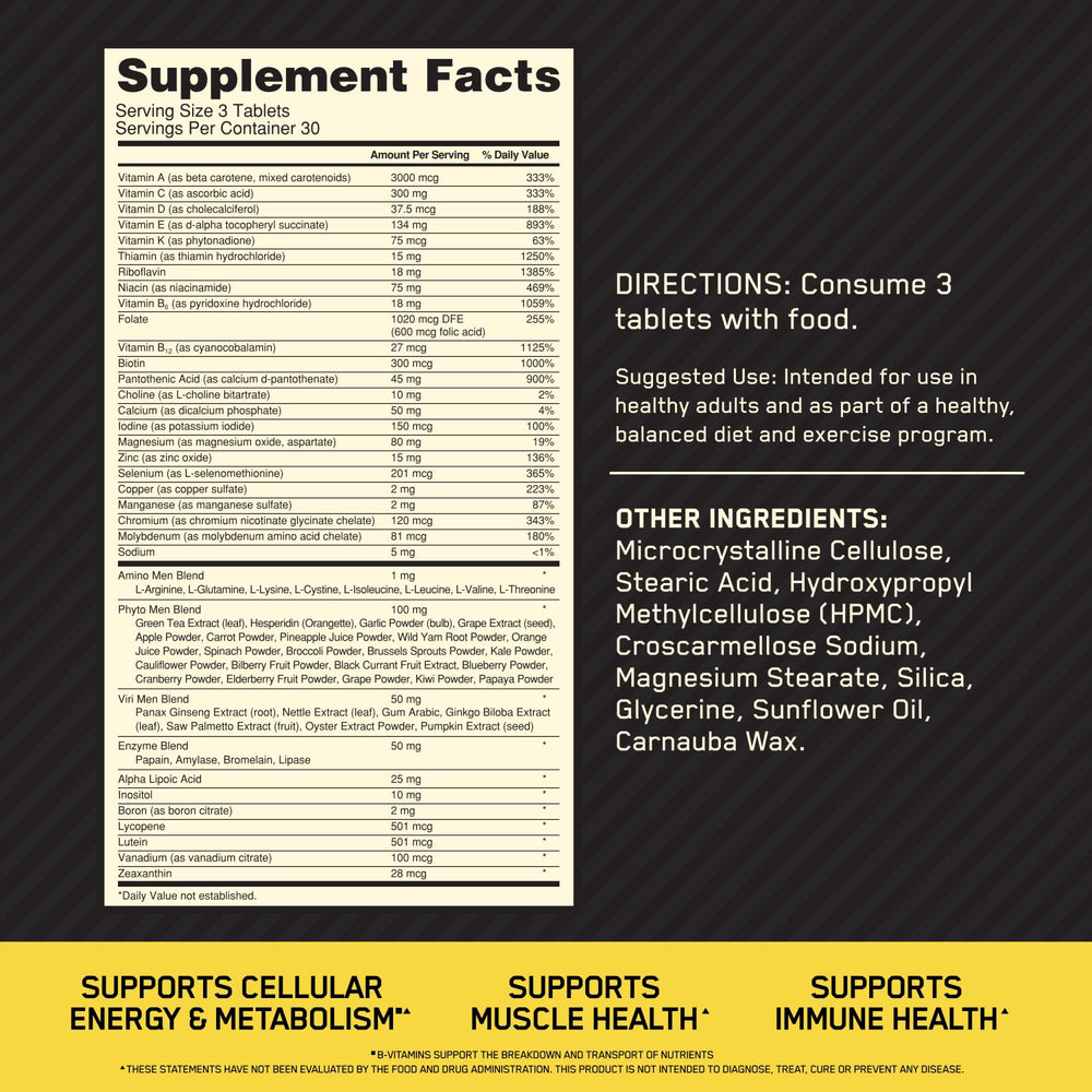 Optimum Nutrition Opti-Men tablets close-up showing energy-boosting vitamin blend.