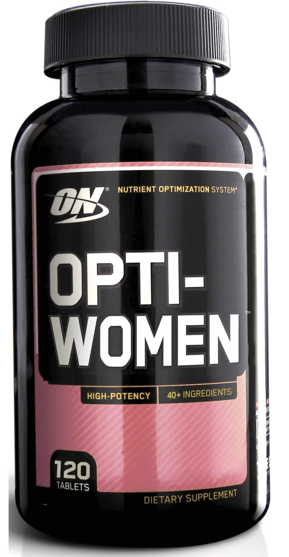 Optimum Nutrition Opti-Women bottle close-up showing 120 capsules for daily multivitamin support