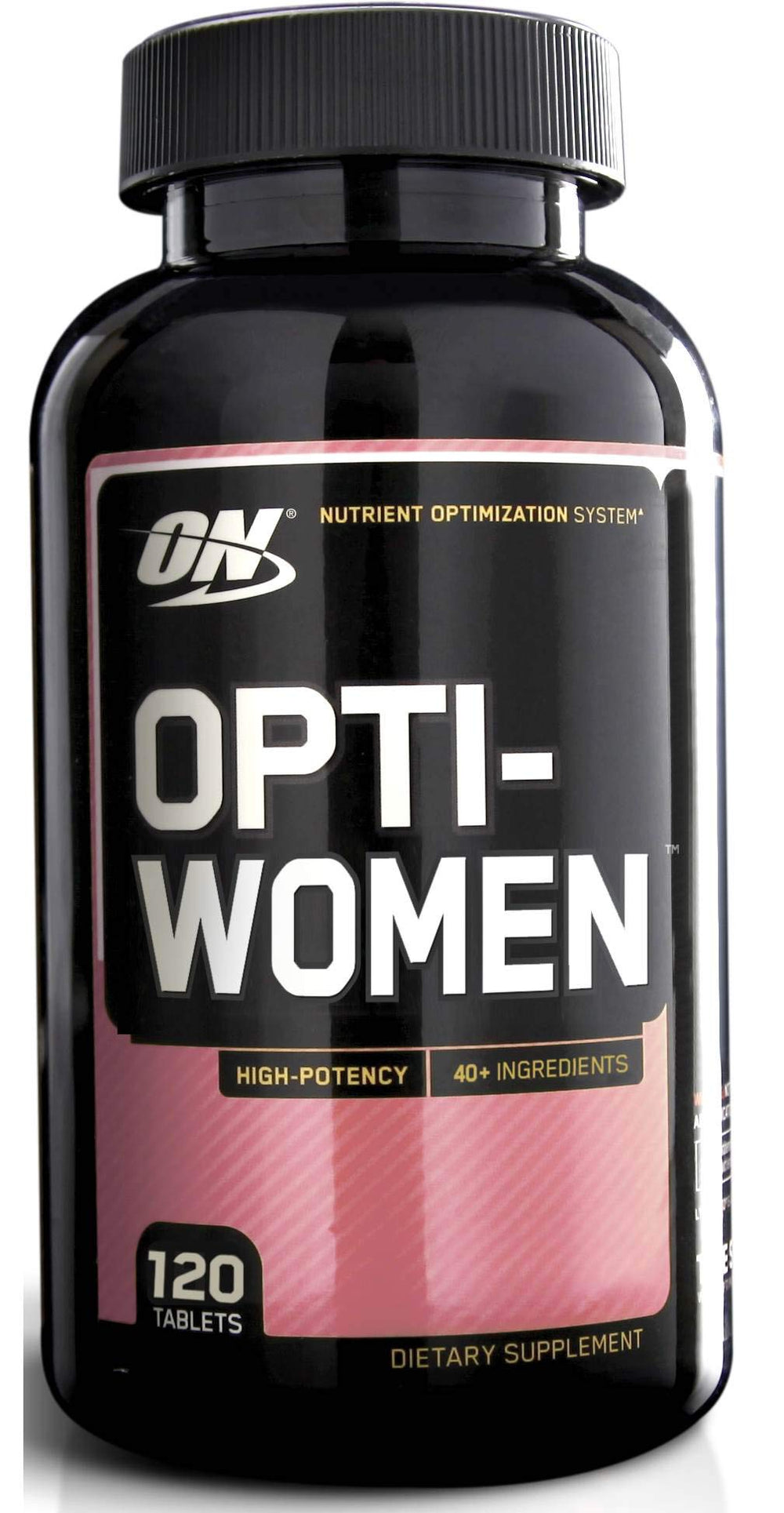 Optimum Nutrition Opti-Women bottle close-up showing 120 capsules for daily multivitamin support