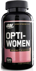 Optimum Nutrition Opti-Women bottle close-up showing 120 capsules for daily multivitamin support