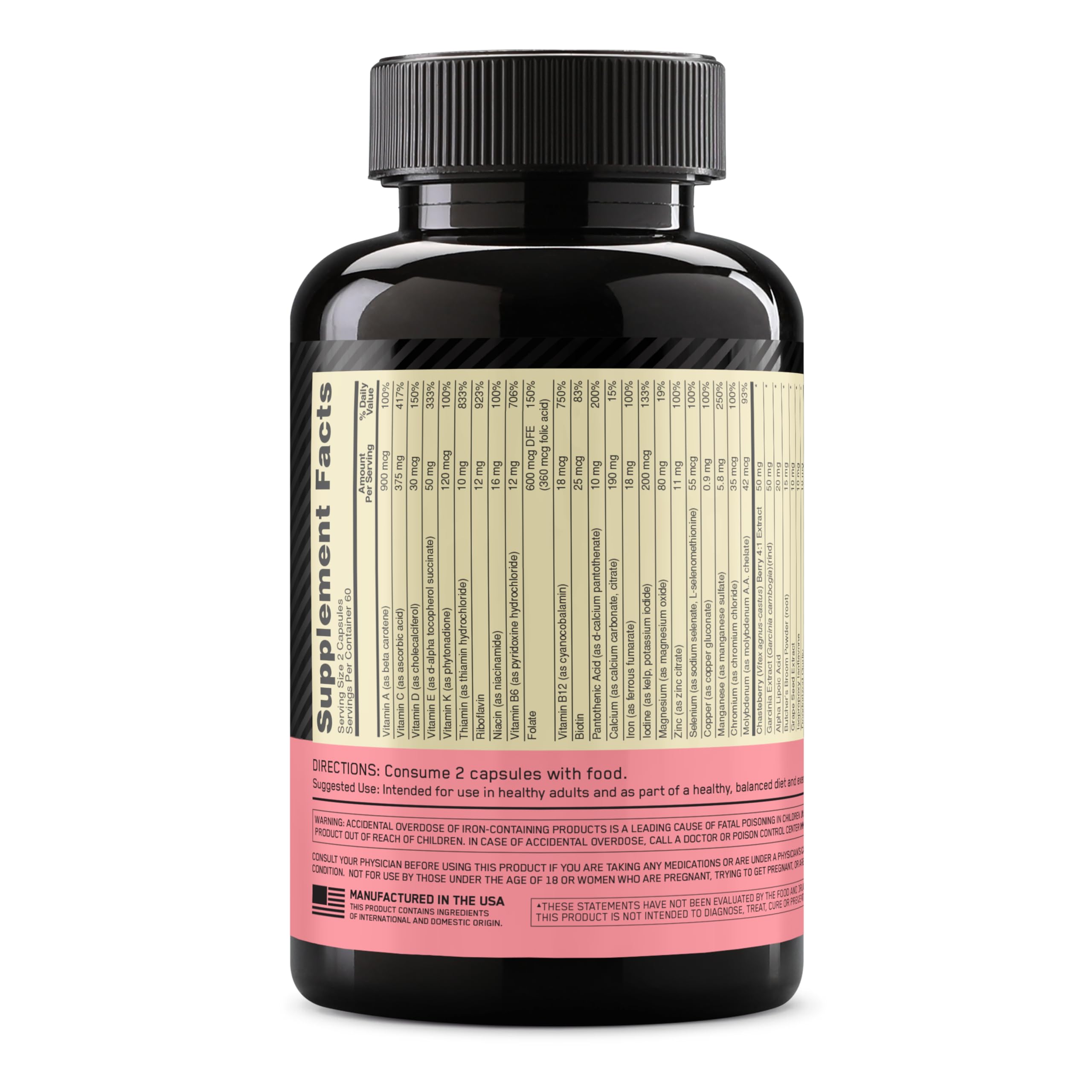 Optimum Nutrition Opti-Women iron and folate listed on nutrition facts