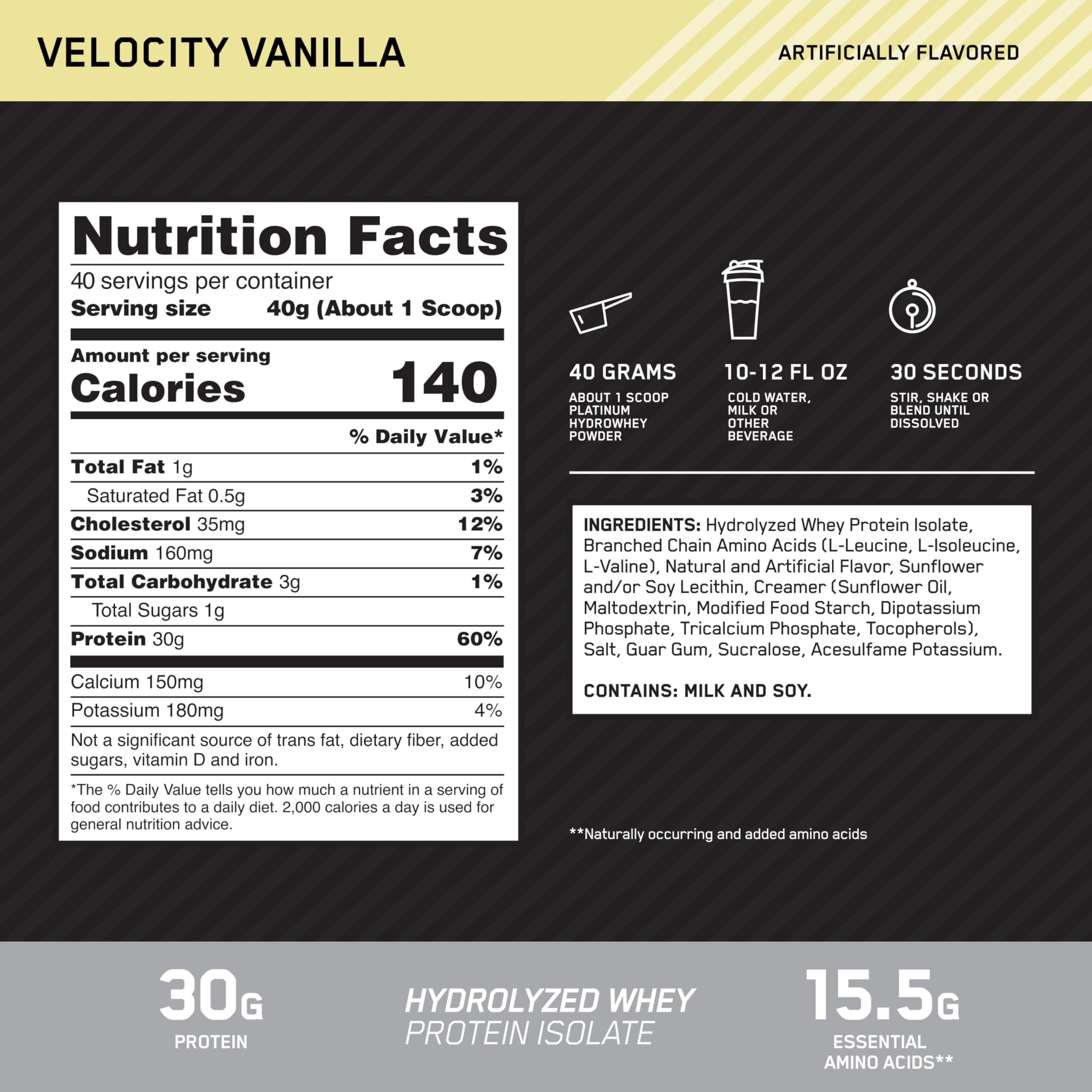 Optimum Nutrition Platinum Hydrowhey offers 30g protein per serving for muscle support