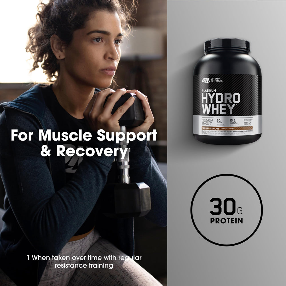 Optimum Nutrition Platinum Hydrowhey Turbo Chocolate powder against product label.