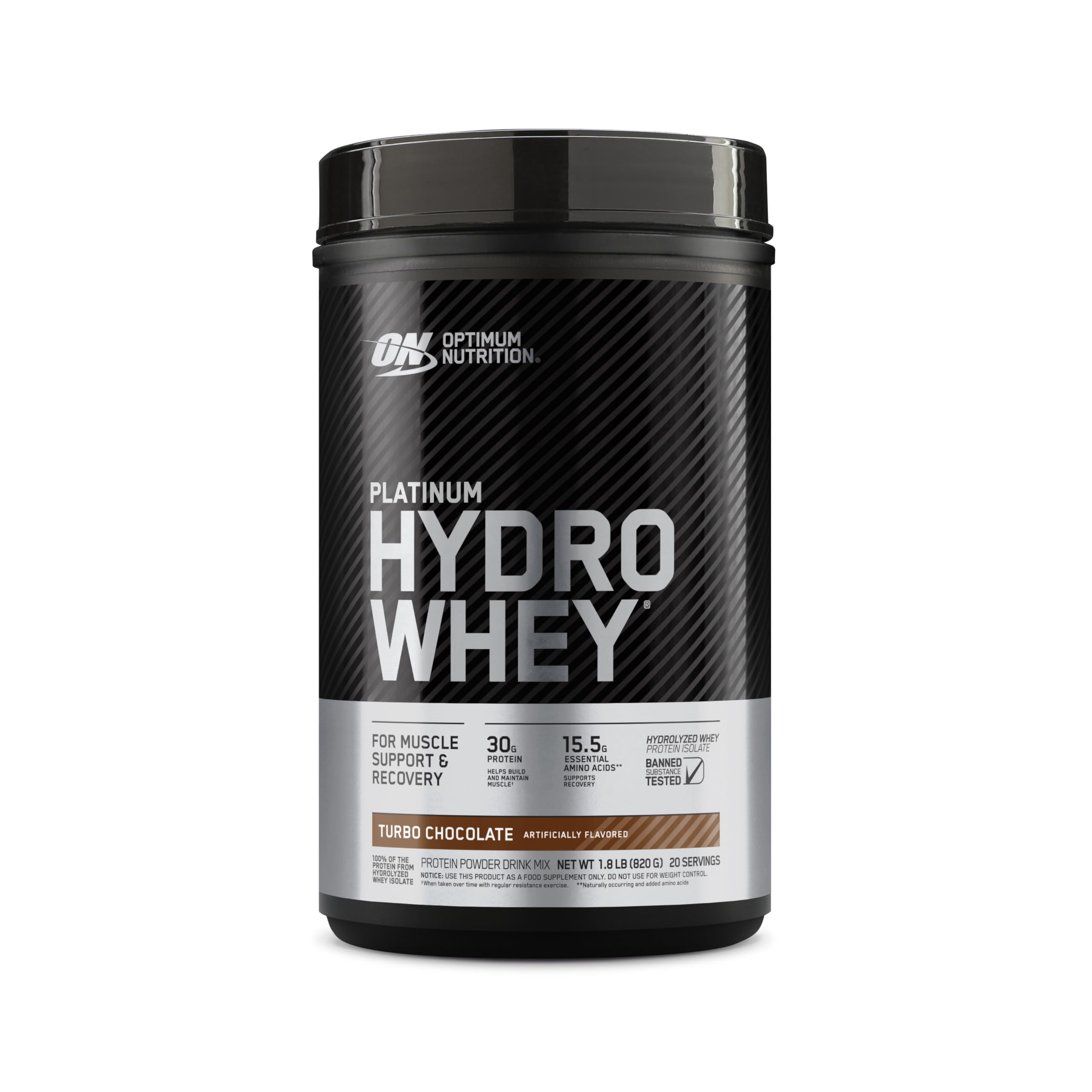 Optimum Nutrition Platinum Hydrowhey Turbo Chocolate label closeup for post-workout protein.
