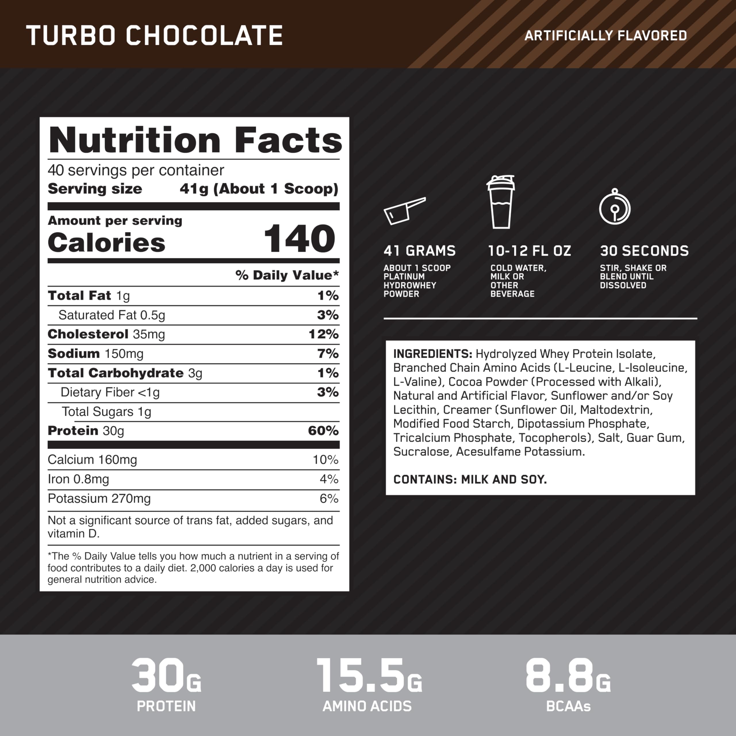 Optimum Nutrition Platinum Hydrowhey Turbo Chocolate shake ready for blending.