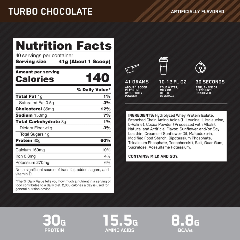 Optimum Nutrition Platinum Hydrowhey Turbo Chocolate shake ready for blending.