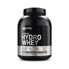 Optimum Nutrition Platinum Hydrowhey Turbo Chocolate tub highlighting fast-absorbing protein benefits.