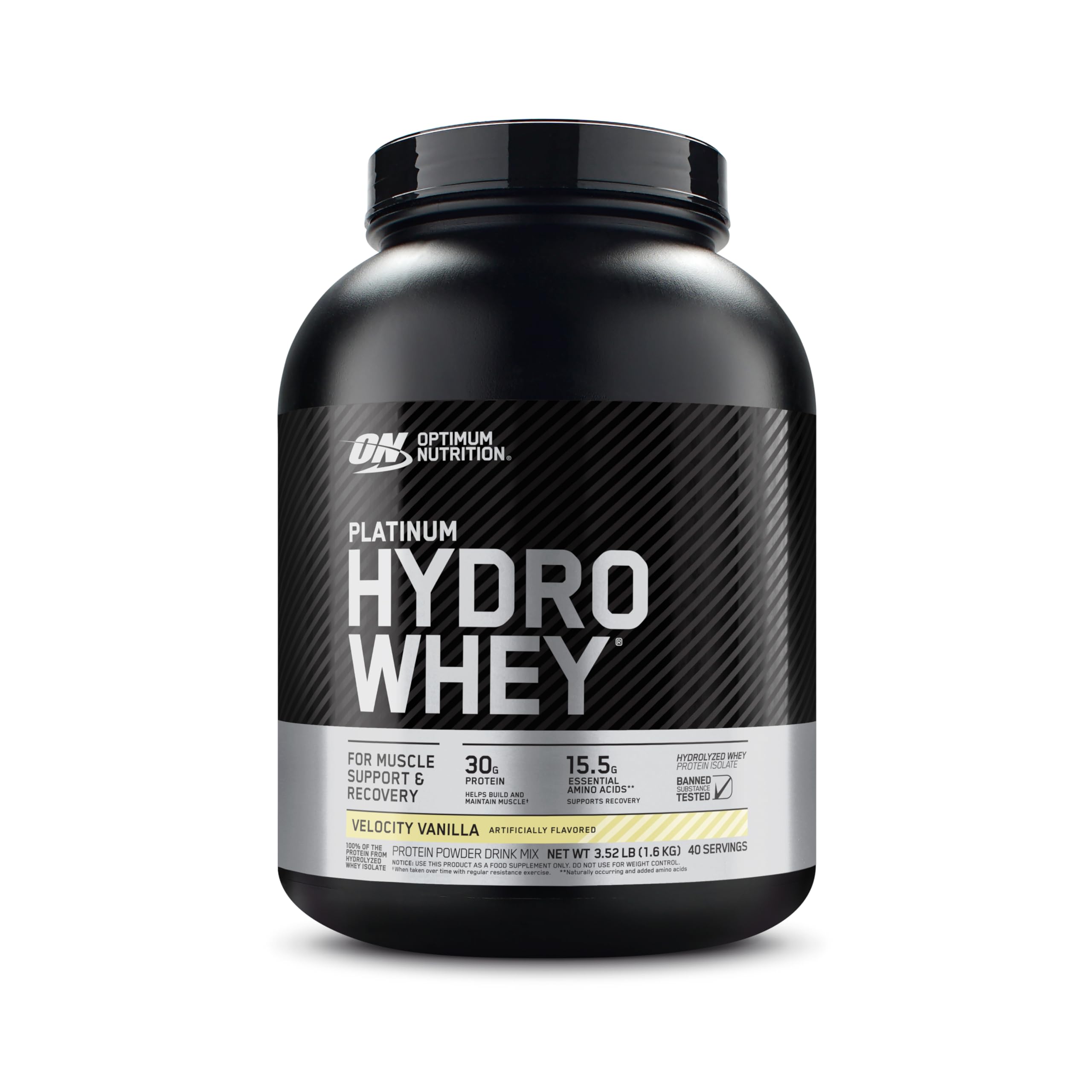 Optimum Nutrition Platinum Hydrowhey Velocity Vanilla tub emphasizes fast post-workout recovery