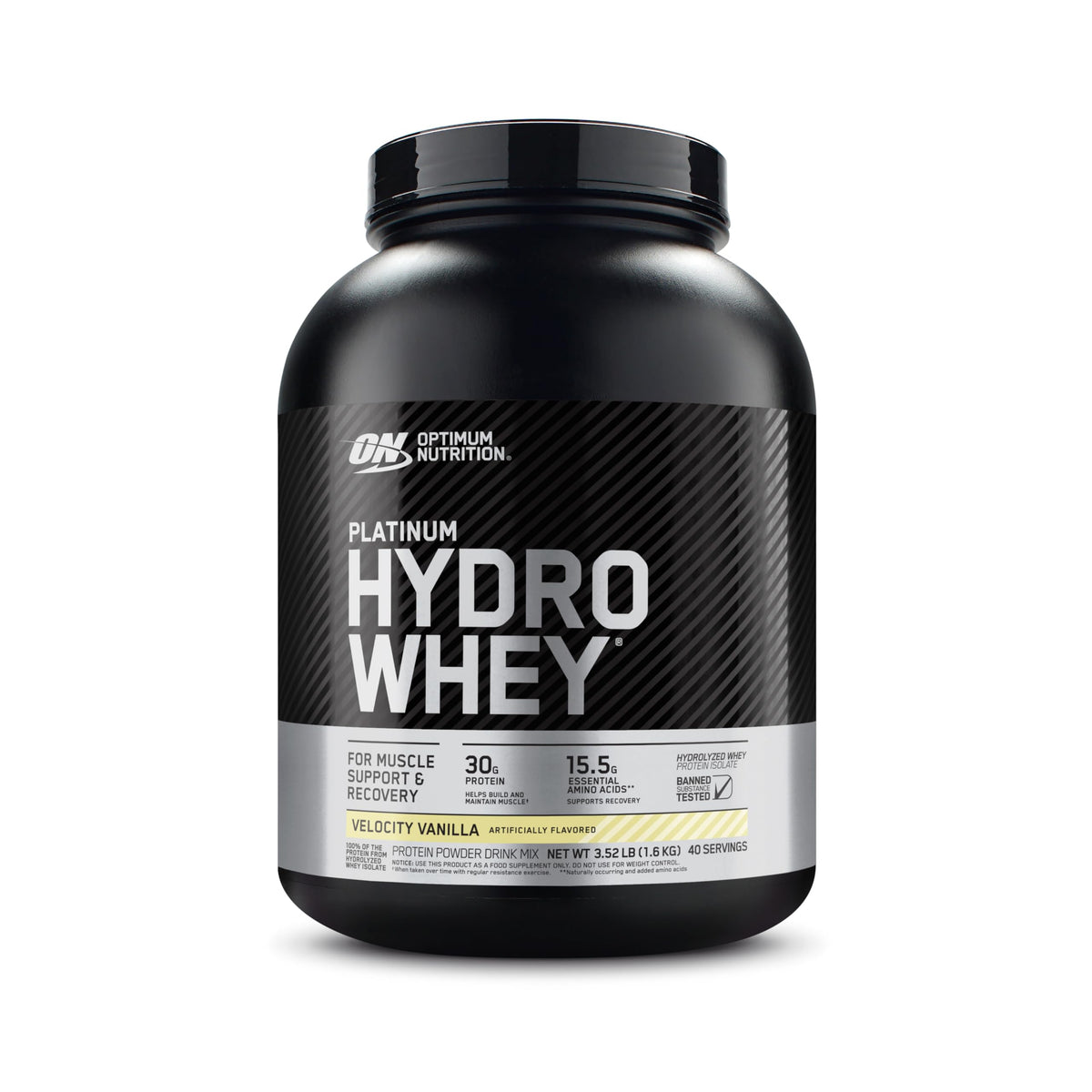 Optimum Nutrition Platinum Hydrowhey Velocity Vanilla tub emphasizes fast post-workout recovery