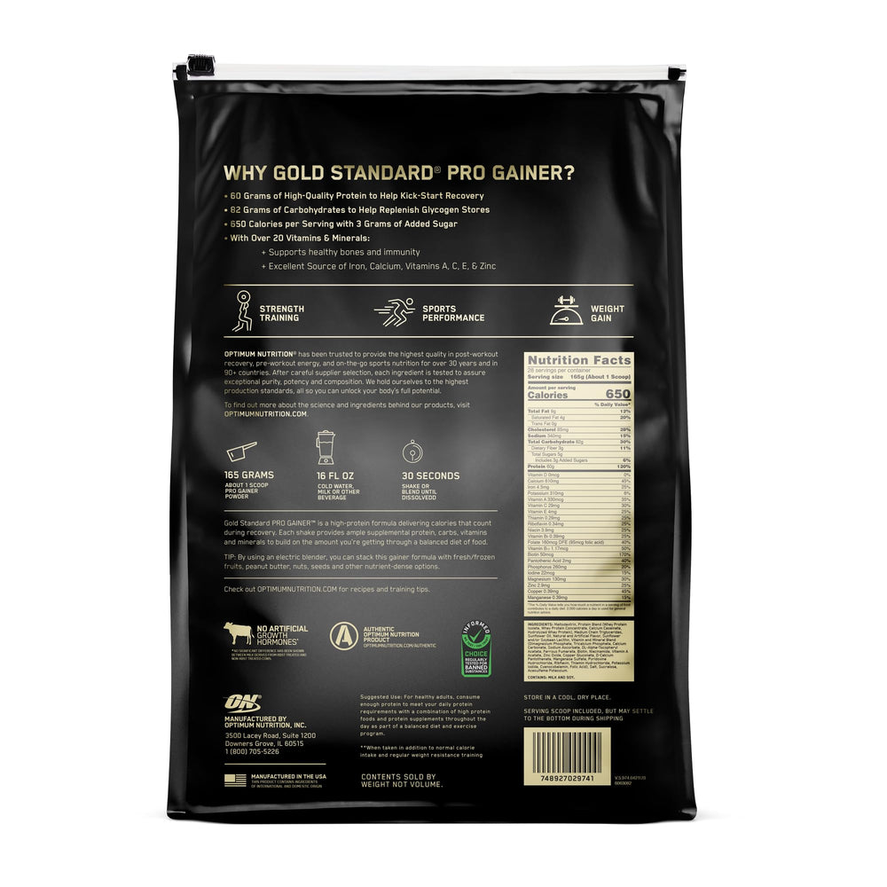 Optimum Nutrition Pro Gainer Vanilla Custard measuring scoop beside powder