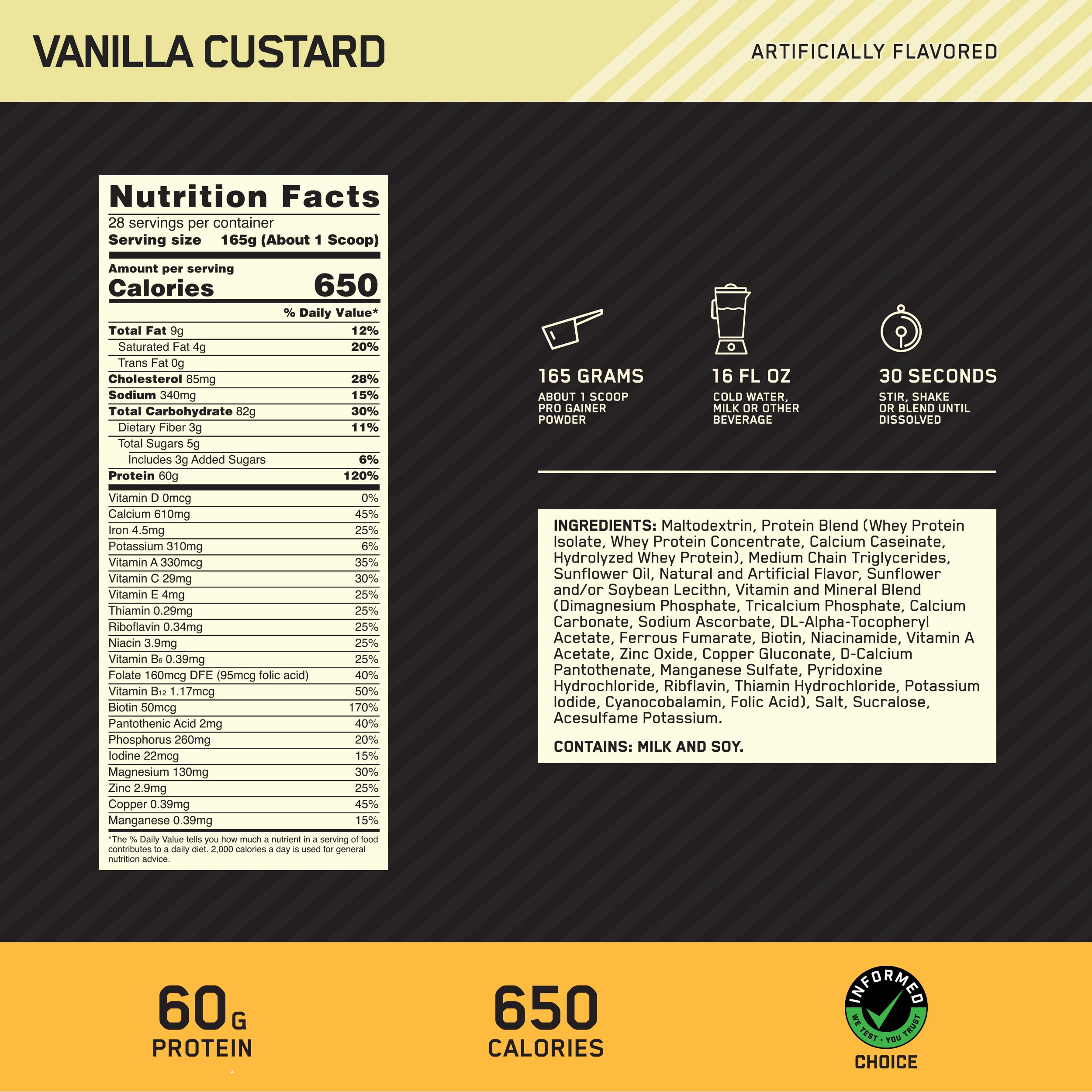 Optimum Nutrition Pro Gainer Vanilla Custard shaker mixes a protein-packed drink