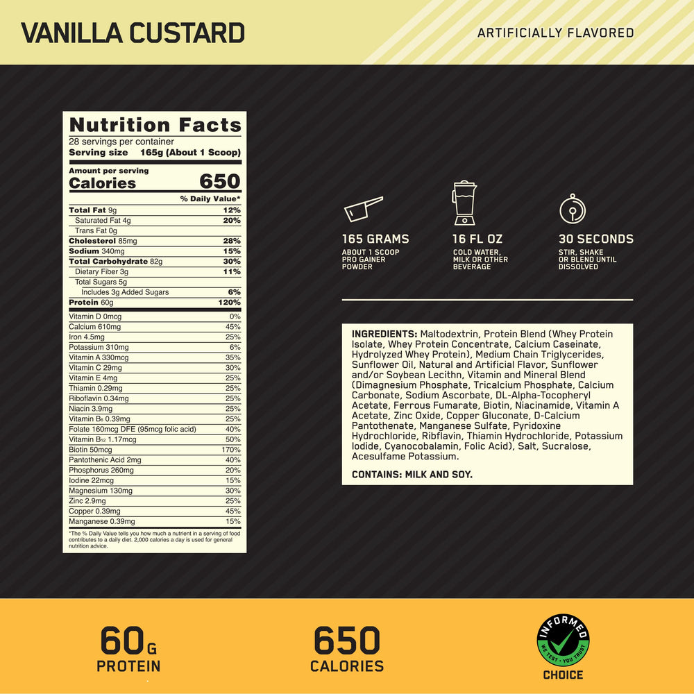 Optimum Nutrition Pro Gainer Vanilla Custard shaker mixes a protein-packed drink
