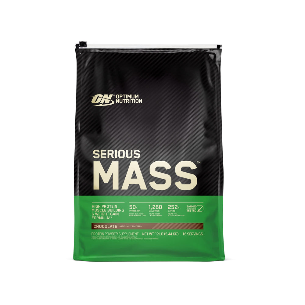 Optimum Nutrition Serious Mass chocolate bottle front, a calorie-dense post-workout option.