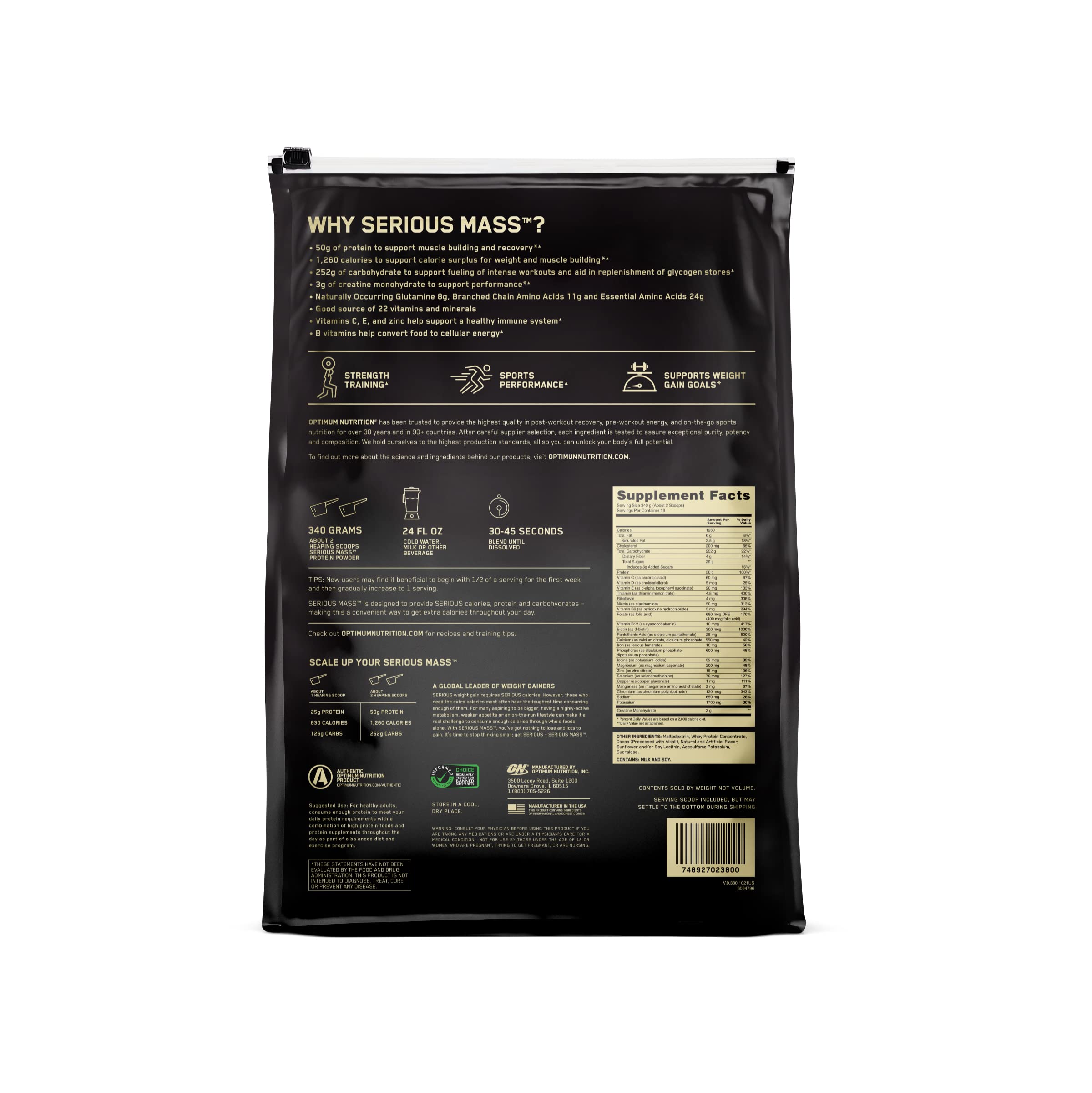 Optimum Nutrition Serious Mass completed shake in glass, creamy chocolate experience.