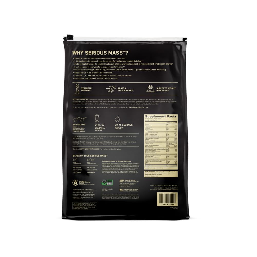 Optimum Nutrition Serious Mass measuring cup on counter suggests easy portioning