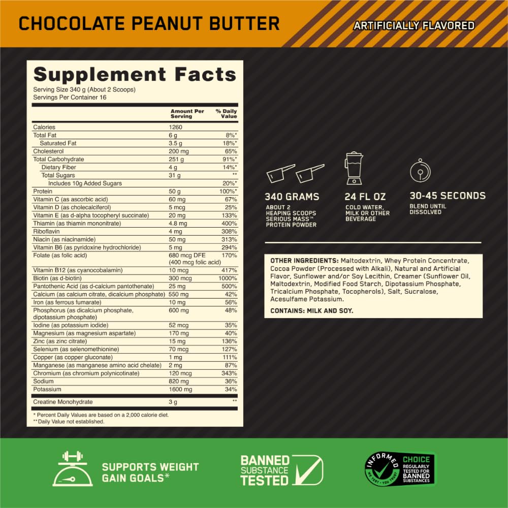 Optimum Nutrition Serious Mass nutrition panel close-up emphasizes vitamin C and zinc content