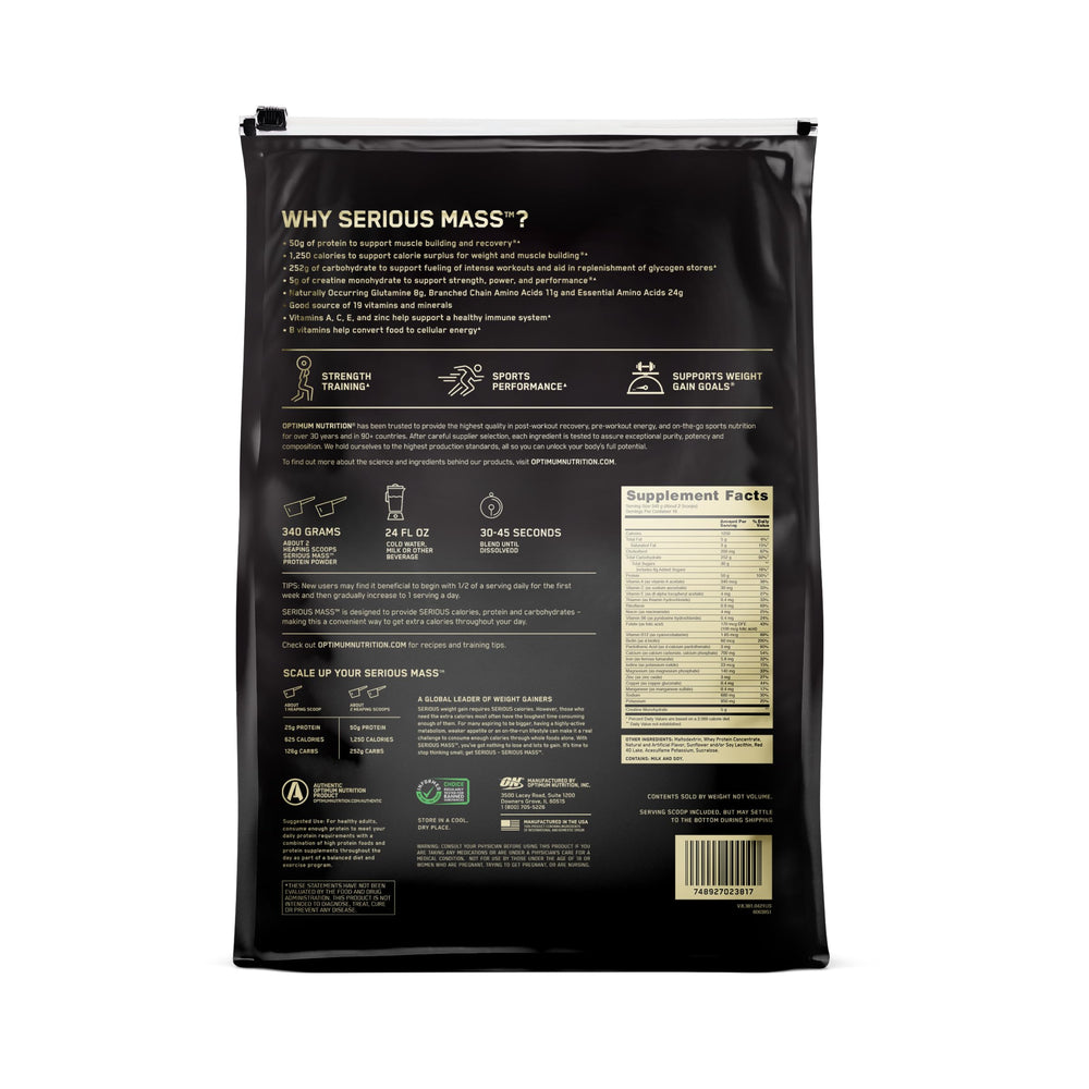 Optimum Nutrition Serious Mass scoop beside powder for easy measuring
