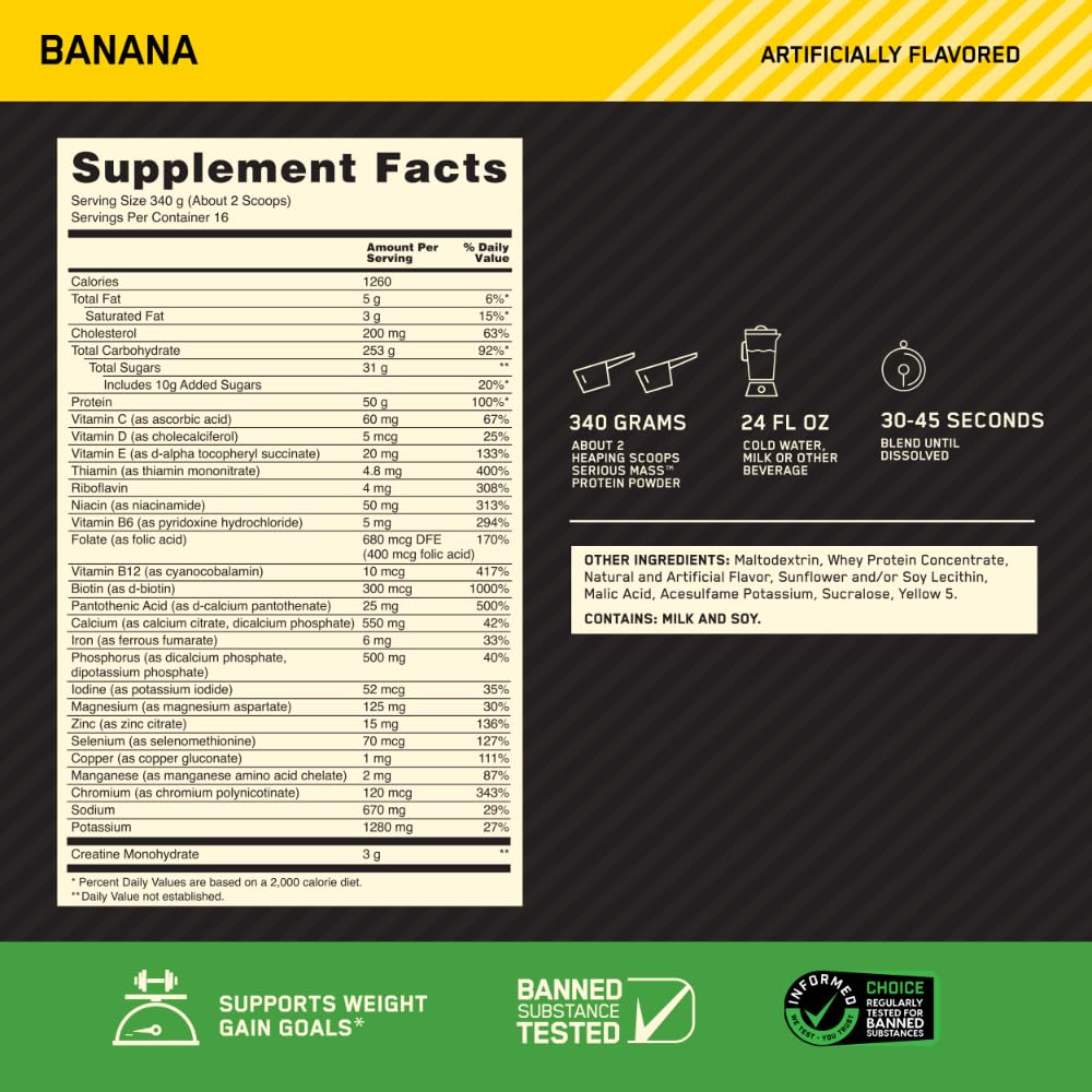 Optimum Nutrition Serious Mass scoop shows serving size for balanced protein and carbs.