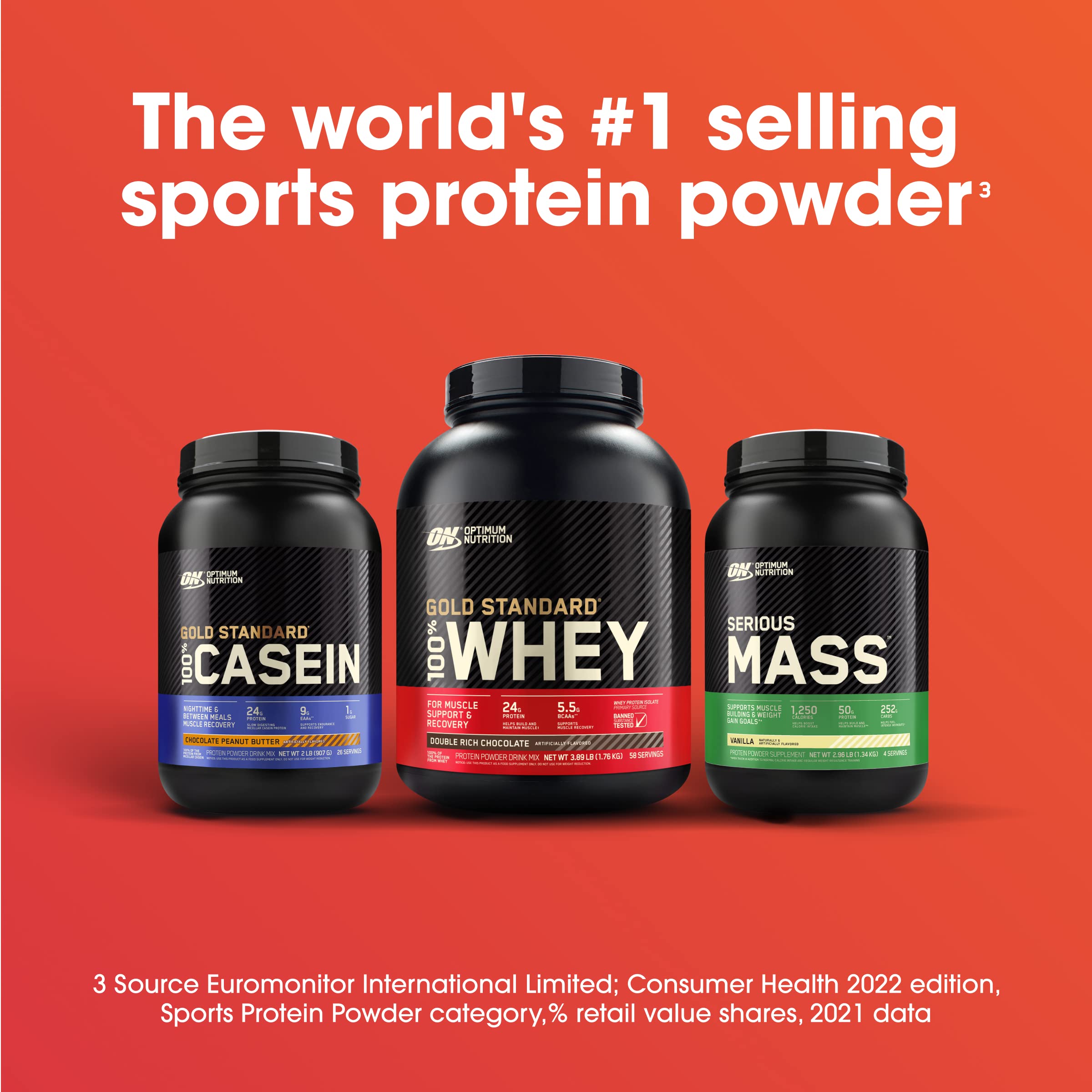 Optimum Nutrition Serious Mass shake glass displaying prepared chocolate shake.
